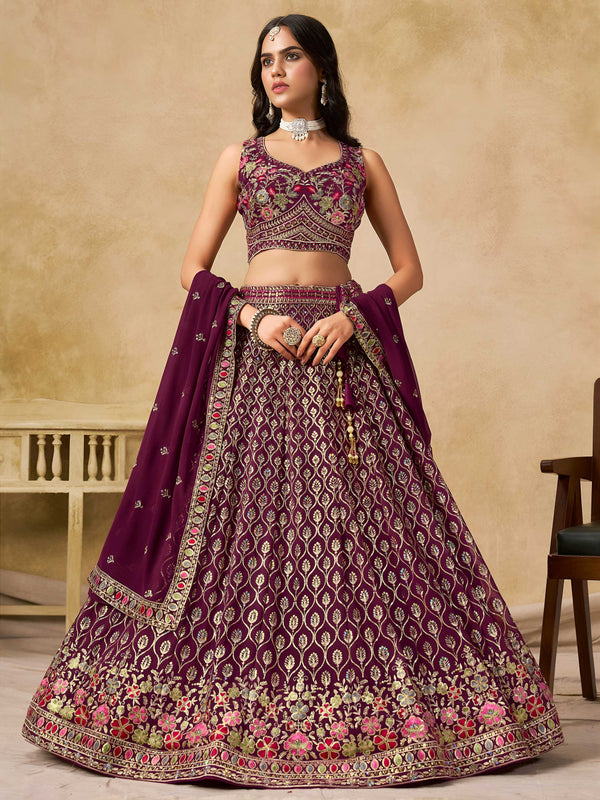 Spectacular Maroon Sequins Embroidery Georgette Wedding Wear Lehenga Choli