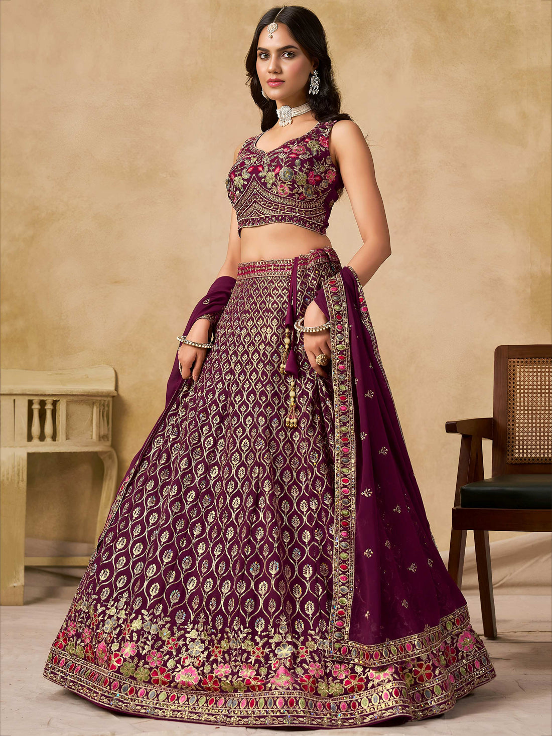 Spectacular Maroon Sequins Embroidery Georgette Wedding Wear Lehenga Choli