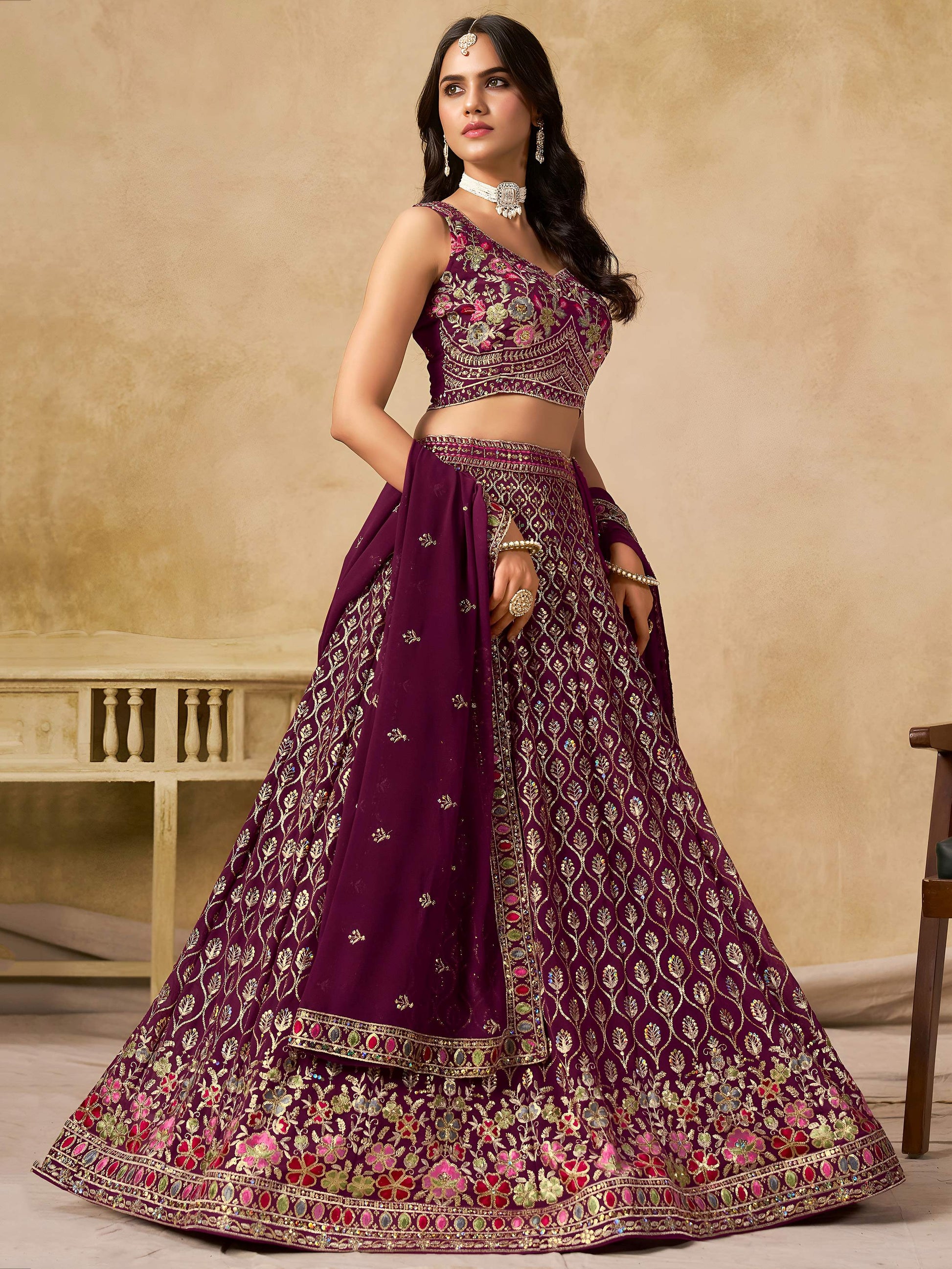 Spectacular Maroon Sequins Embroidery Georgette Wedding Wear Lehenga Choli