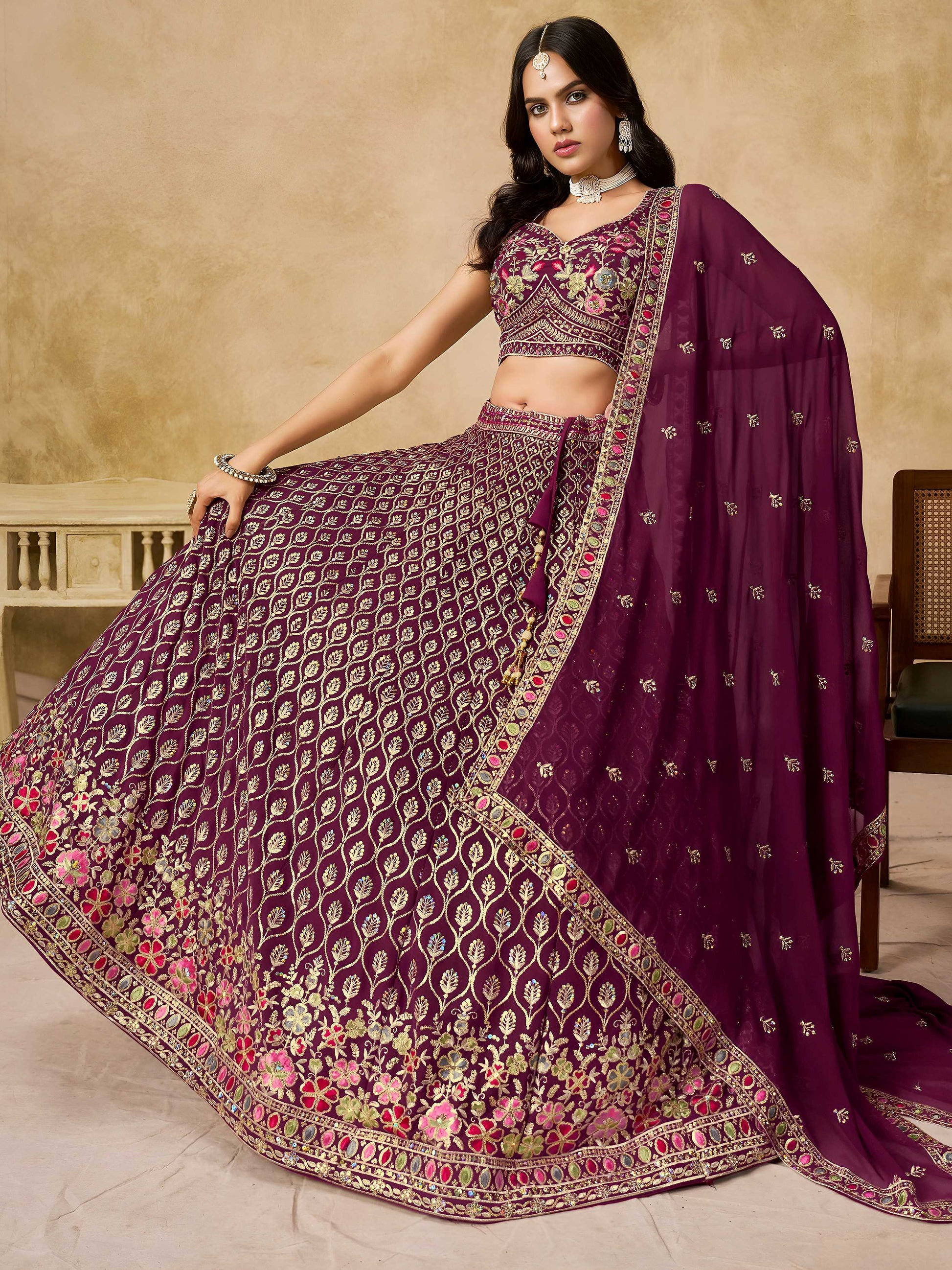 Spectacular Maroon Sequins Embroidery Georgette Wedding Wear Lehenga Choli