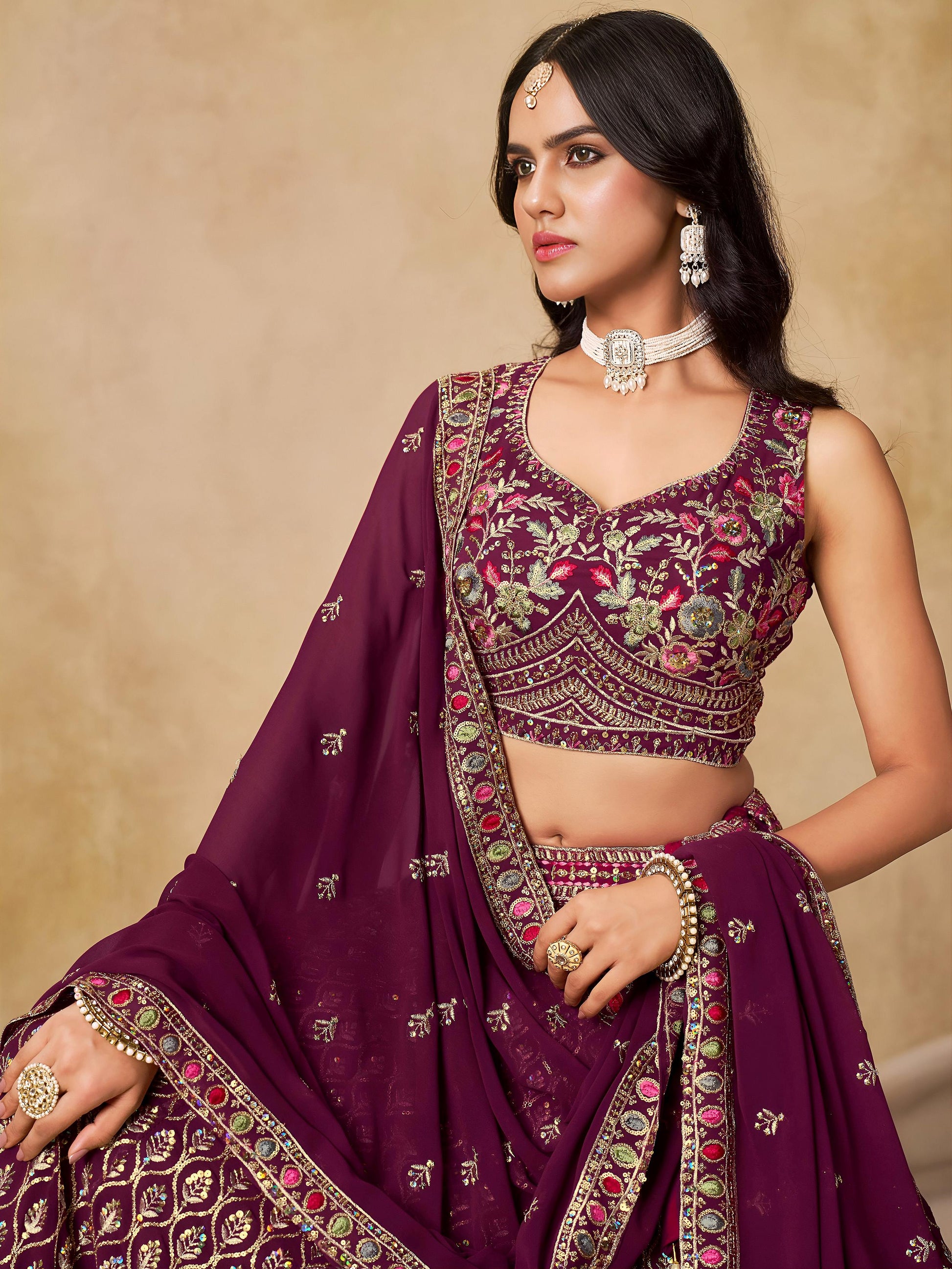 Spectacular Maroon Sequins Embroidery Georgette Wedding Wear Lehenga Choli