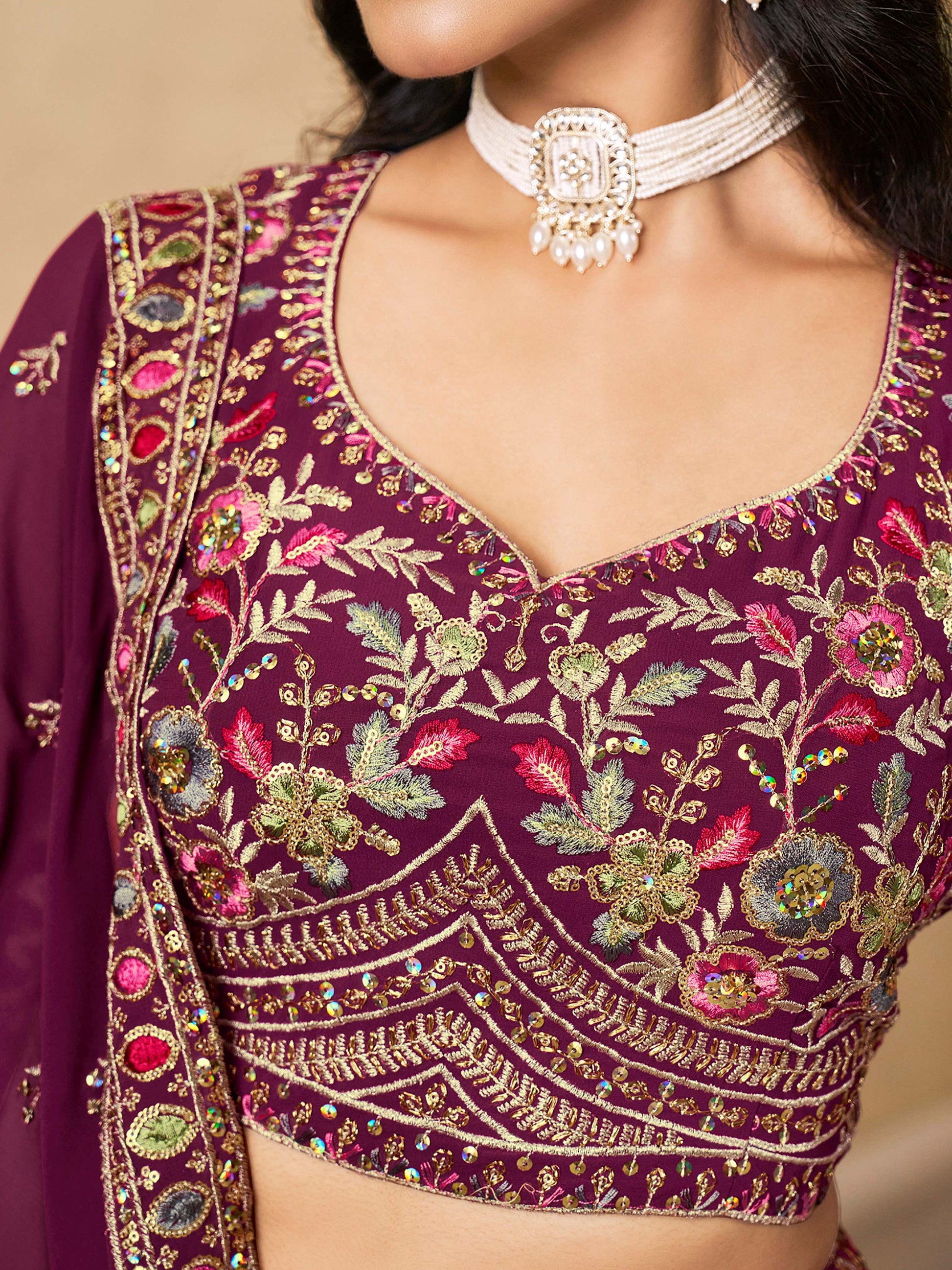 Spectacular Maroon Sequins Embroidery Georgette Wedding Wear Lehenga Choli