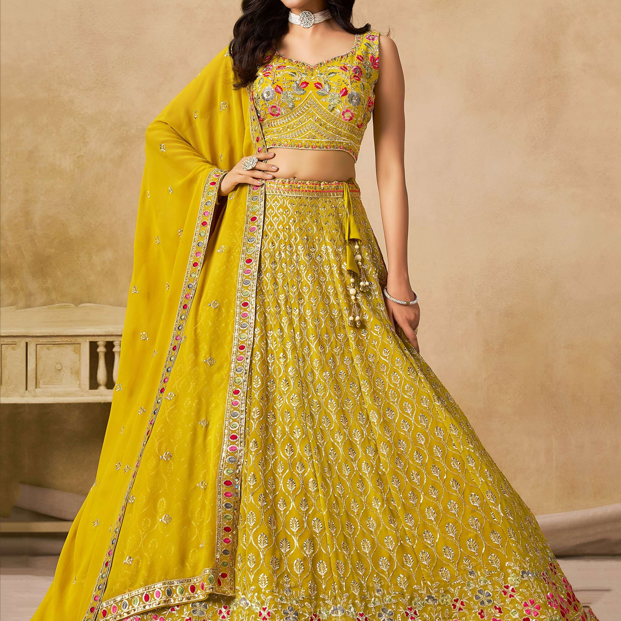 Incredible Yellow Embroidered Georgette Haldi Wear Lehenga Choli With Dupatta