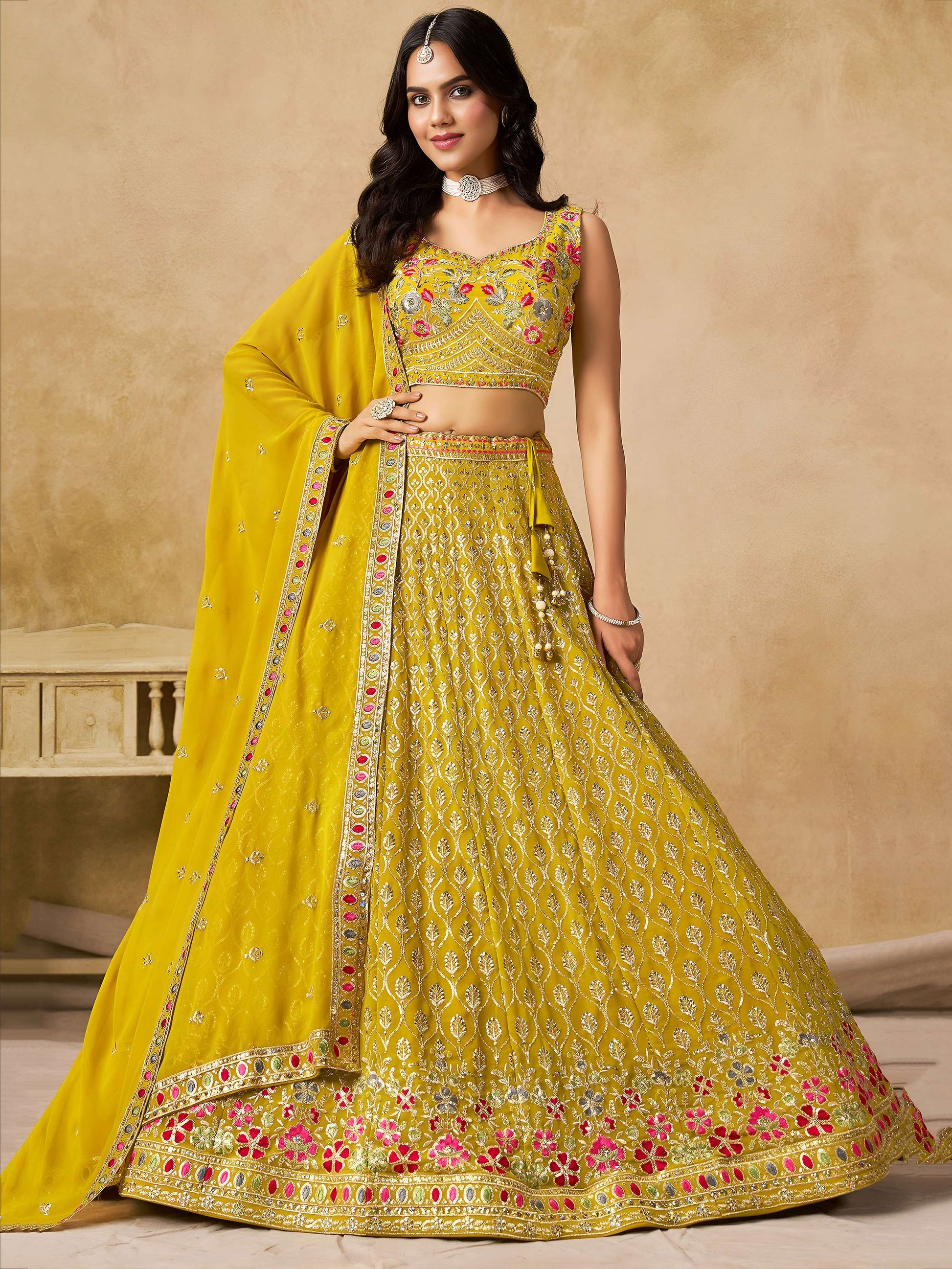 Incredible Yellow Embroidered Georgette Haldi Wear Lehenga Choli With Dupatta