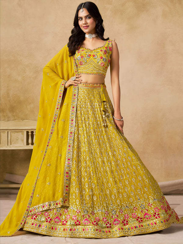 Incredible Yellow Embroidered Georgette Haldi Wear Lehenga Choli With Dupatta