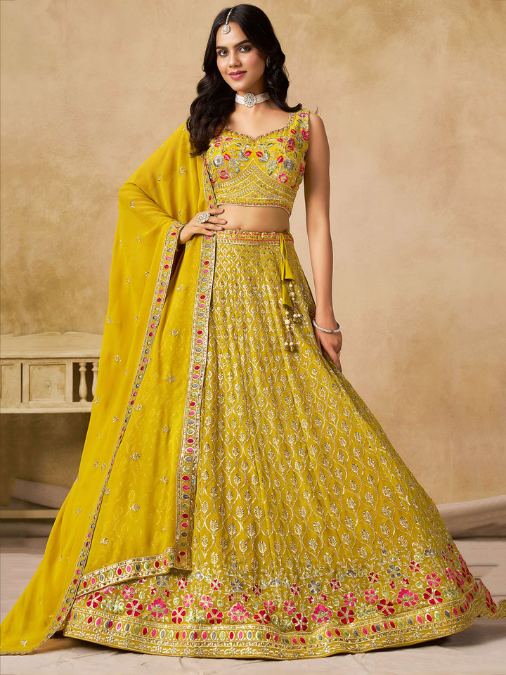 Incredible Yellow Embroidered Georgette Haldi Wear Lehenga Choli With Dupatta