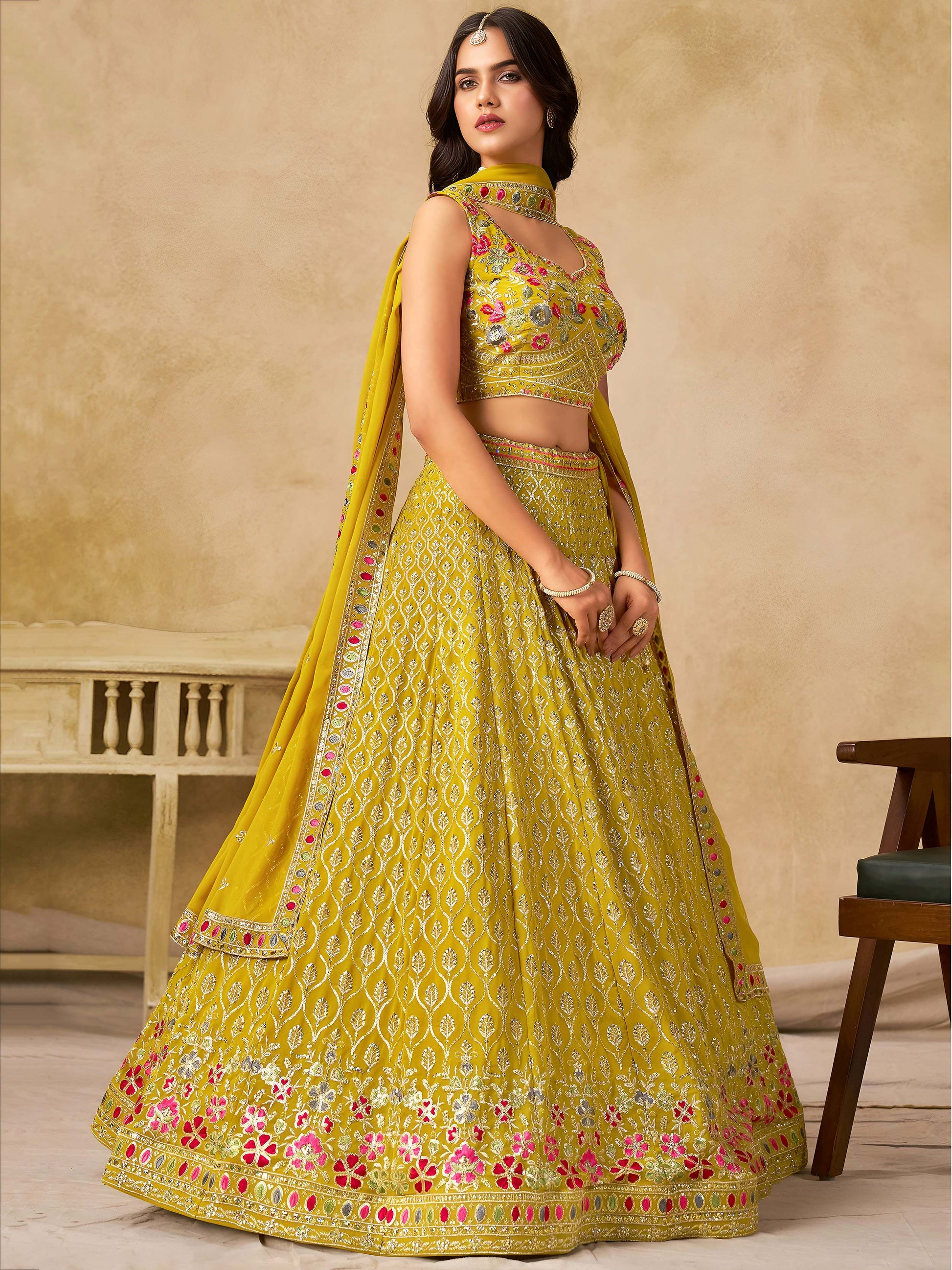 Incredible Yellow Embroidered Georgette Haldi Wear Lehenga Choli With Dupatta