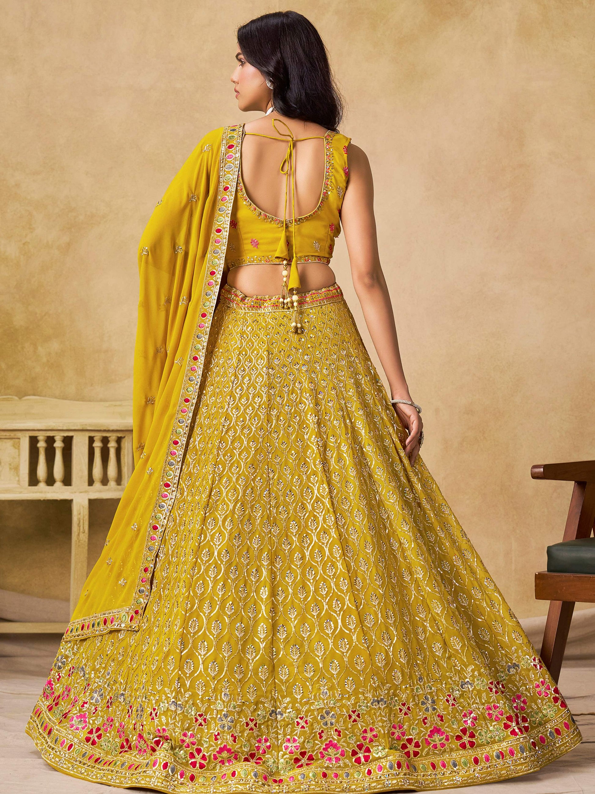 Incredible Yellow Embroidered Georgette Haldi Wear Lehenga Choli With Dupatta