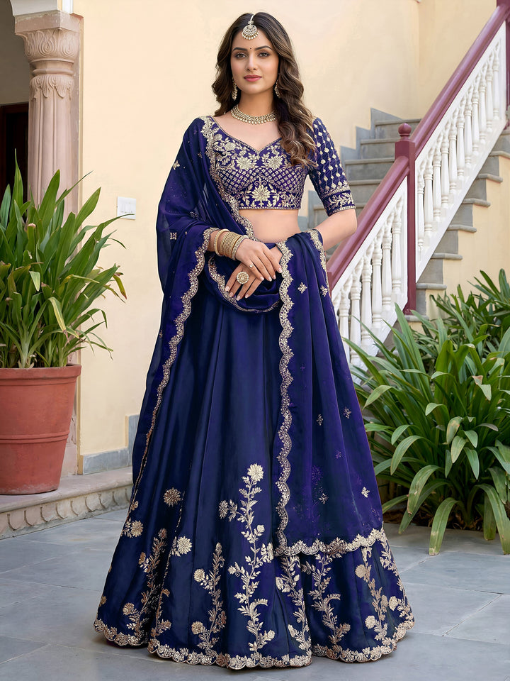 Amazing Navy Blue Sequins Silk Festival Wear Lehenga Choli With Dupatta