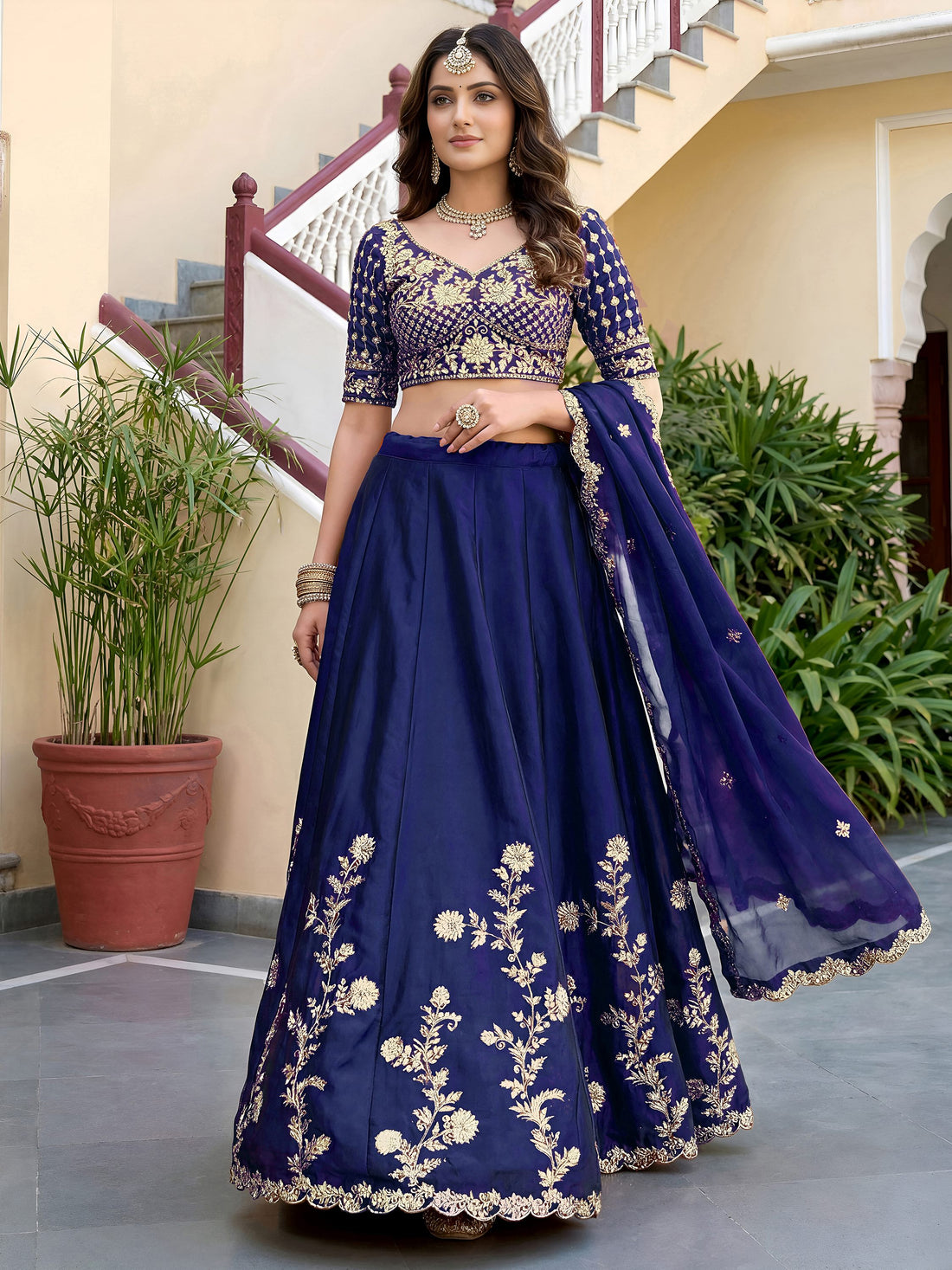 Amazing Navy Blue Sequins Silk Festival Wear Lehenga Choli With Dupatta