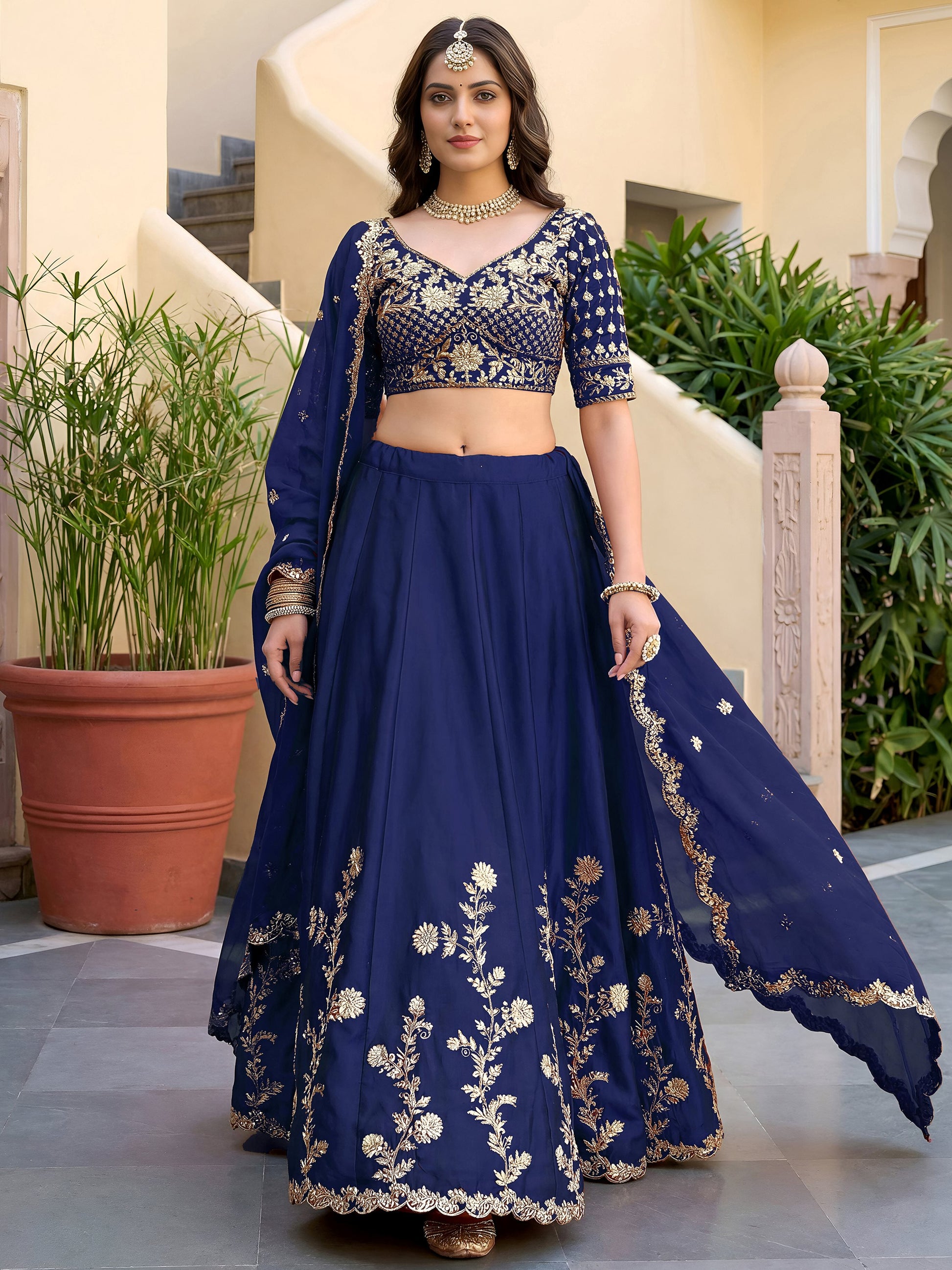Amazing Navy Blue Sequins Silk Festival Wear Lehenga Choli With Dupatta