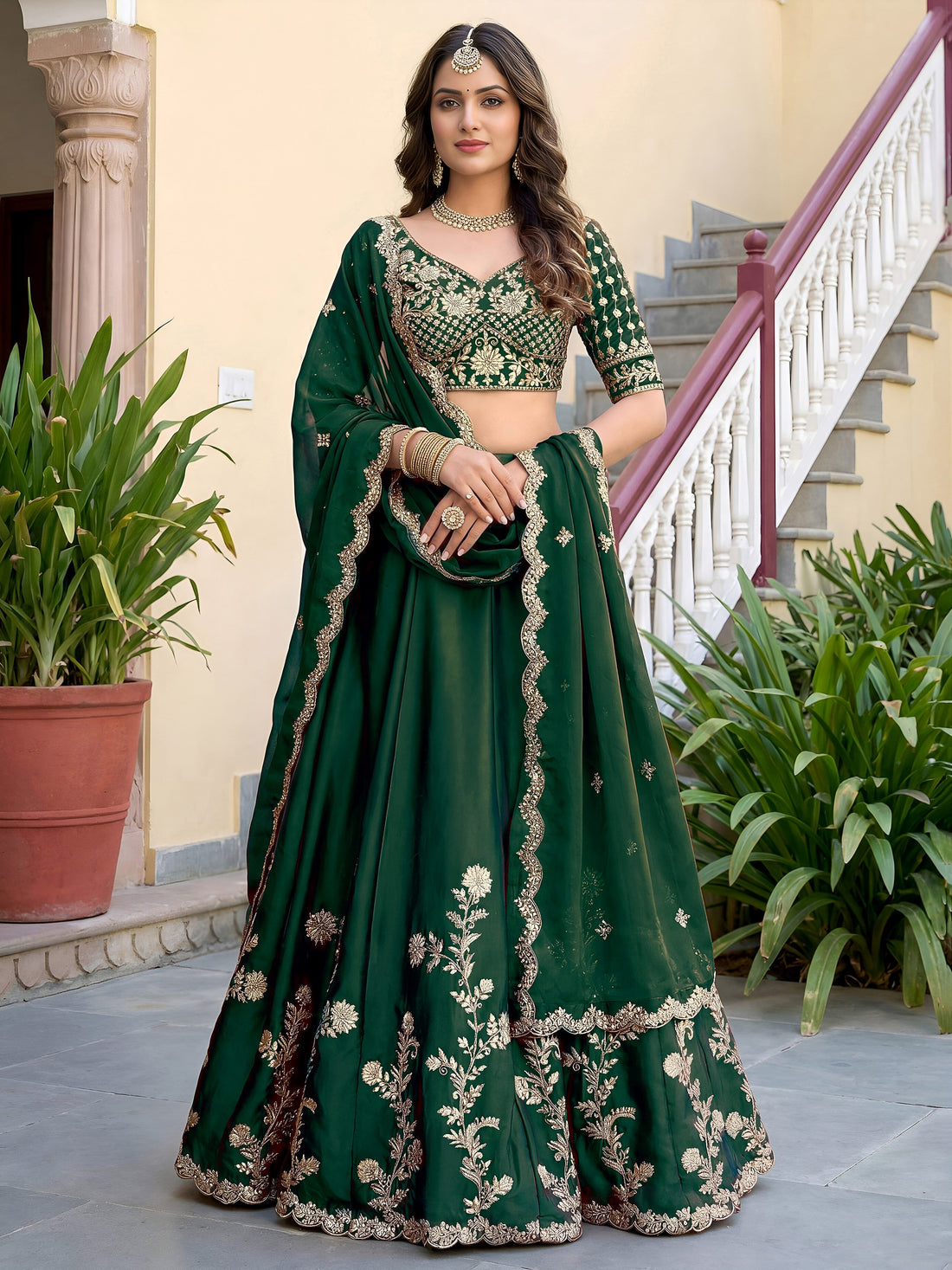 Attractive Green Embroidery Silk Festival Wear Lehenga Choli With Dupatta