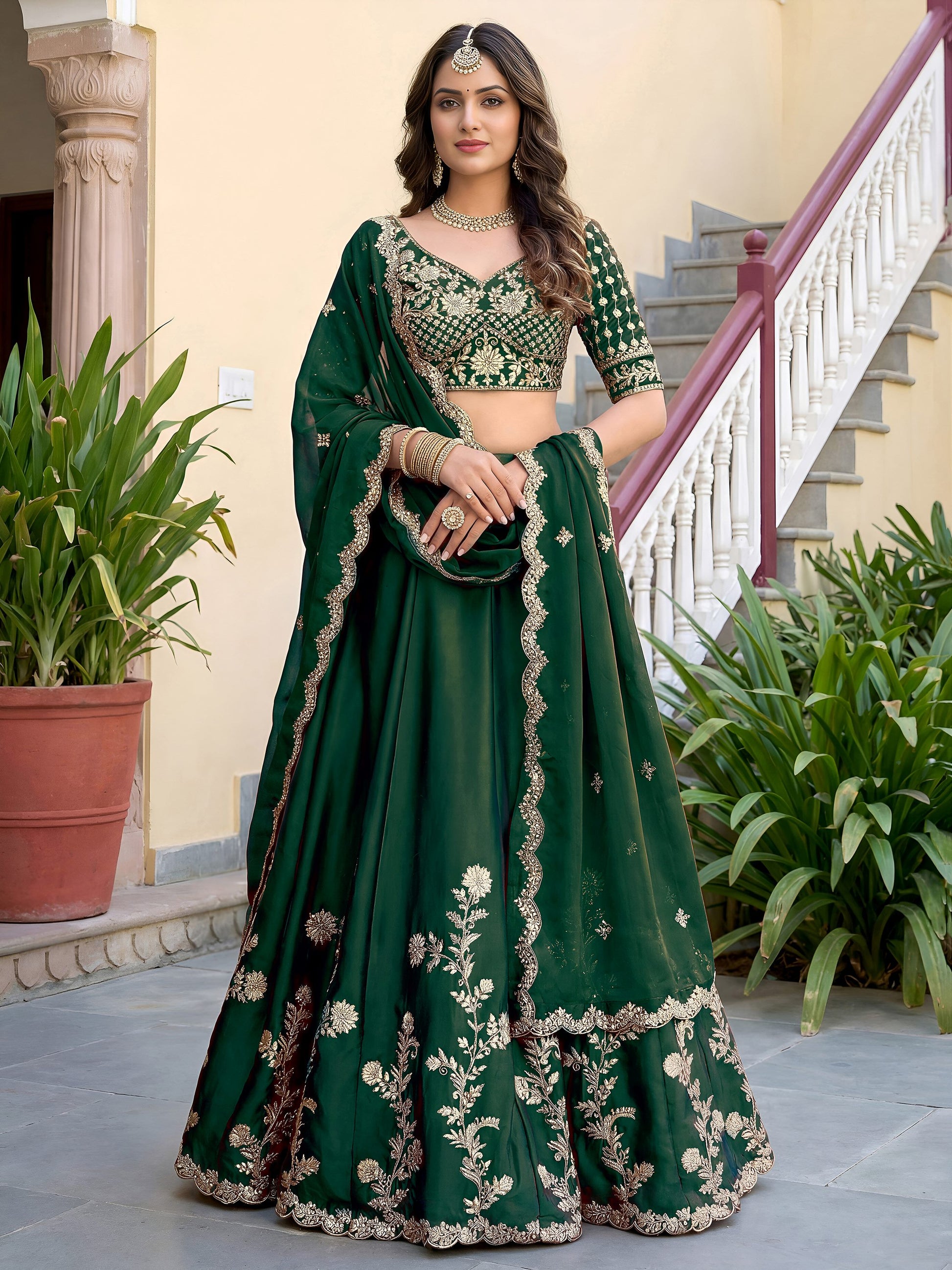 Attractive Green Embroidery Silk Festival Wear Lehenga Choli With Dupatta