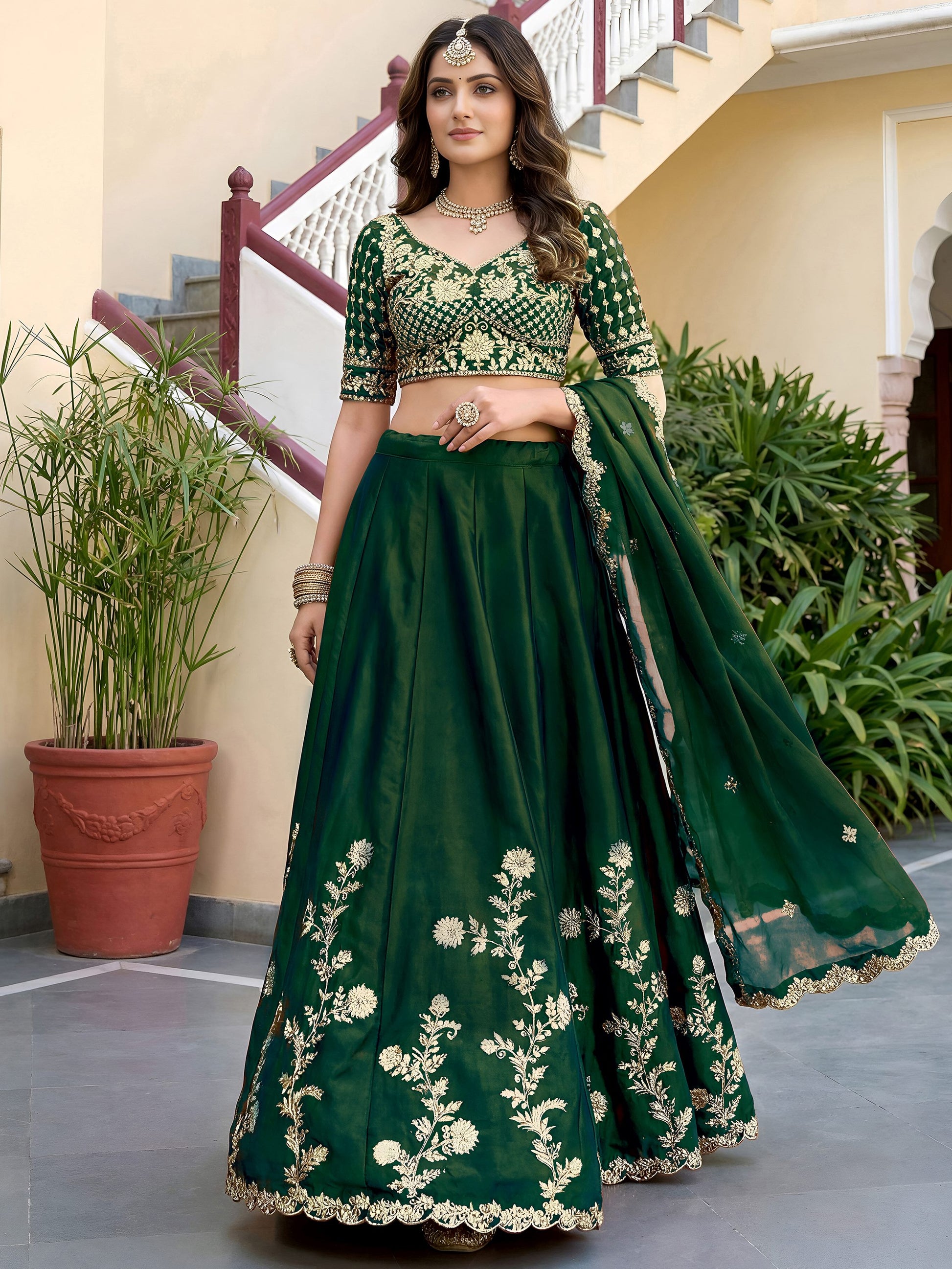 Attractive Green Embroidery Silk Festival Wear Lehenga Choli With Dupatta