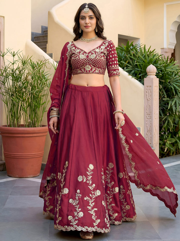 Lovely Maroon Sequins Silk Wedding Wear Lehenga Choli With Dupatta