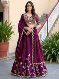 Pretty Wine Thread Embroidery Silk Wedding Wear Lehenga Choli With Dupatta