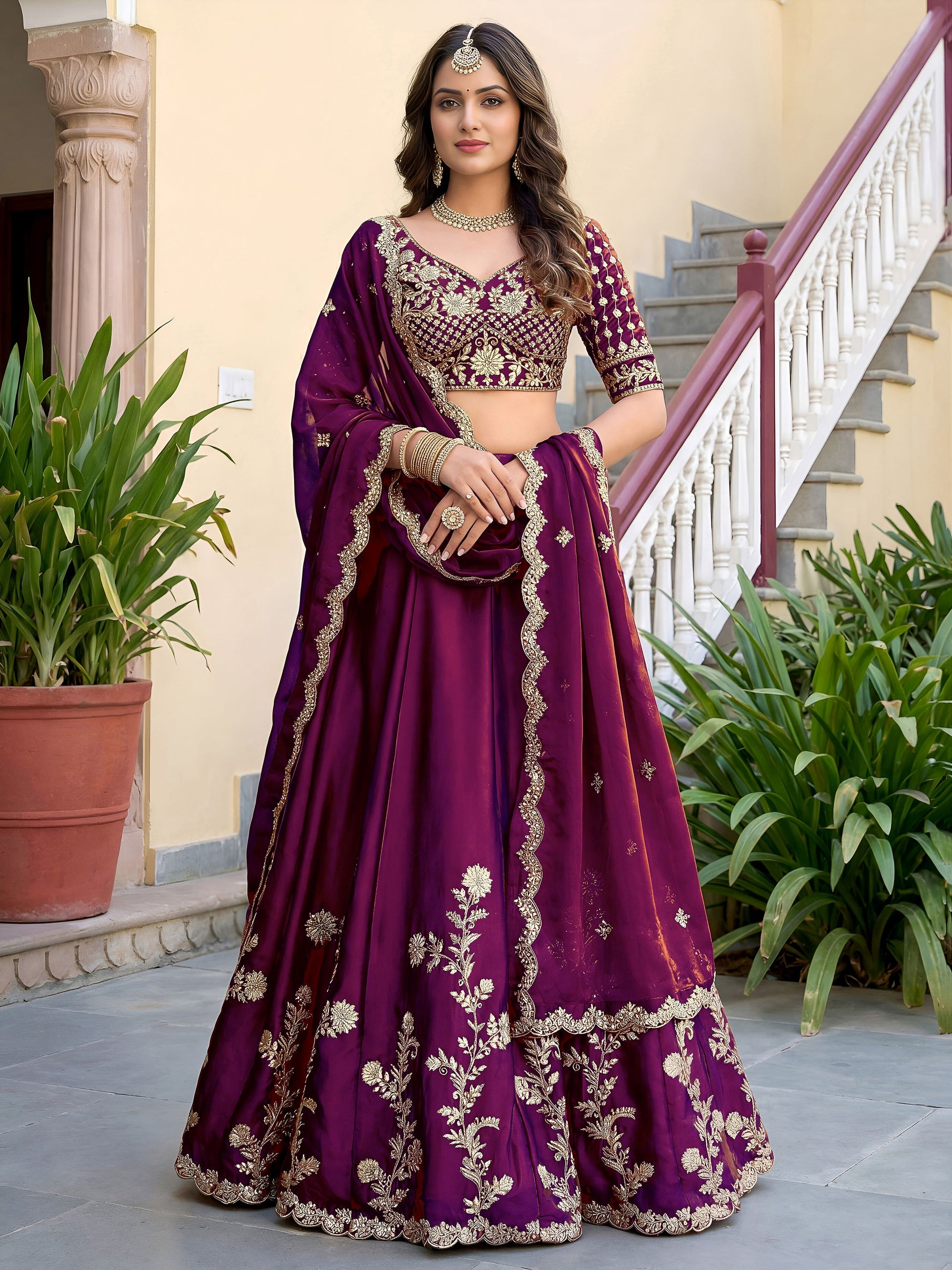 Pretty Wine Thread Embroidery Silk Wedding Wear Lehenga Choli With Dupatta