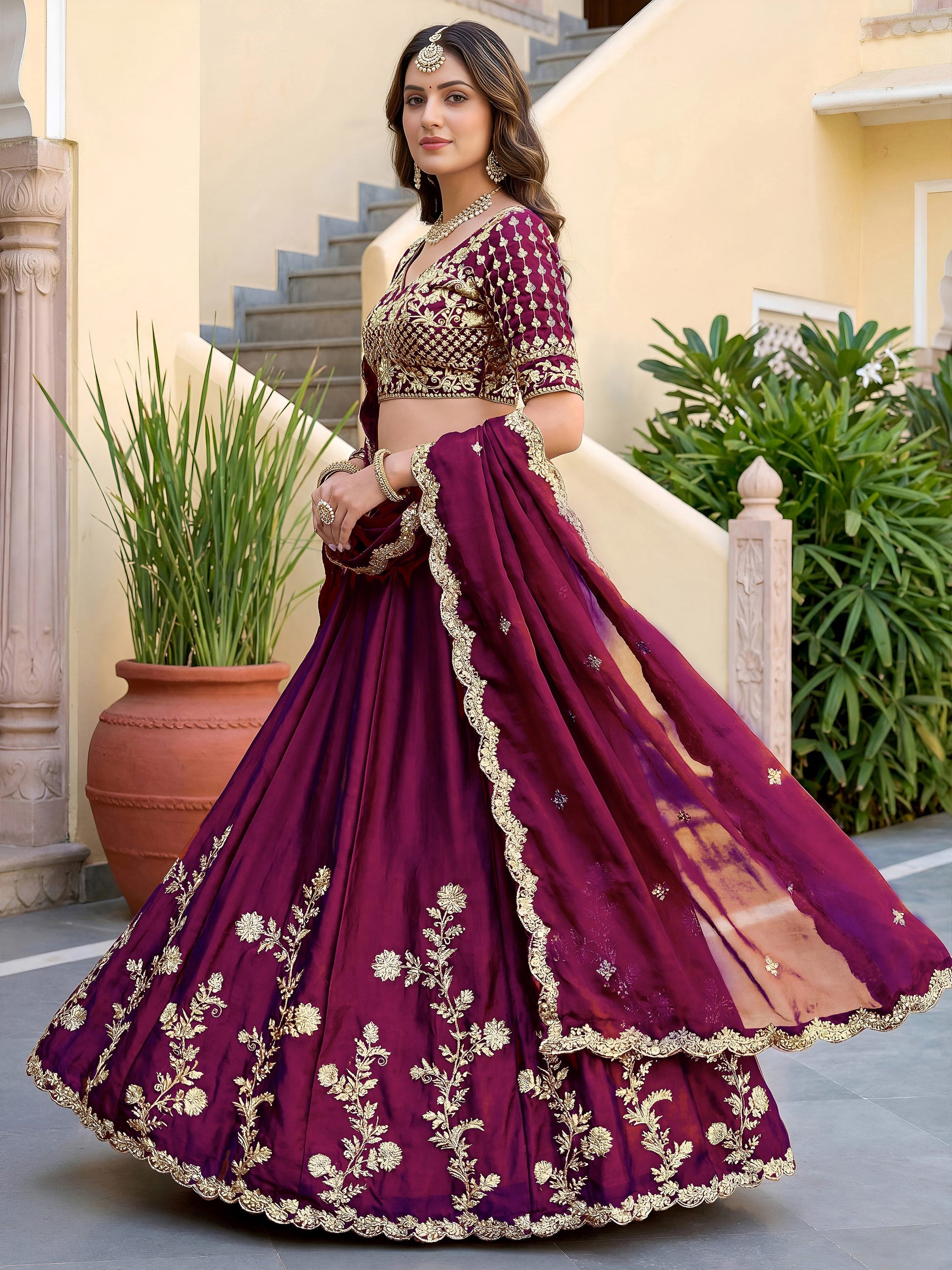 Pretty Wine Thread Embroidery Silk Wedding Wear Lehenga Choli With Dupatta