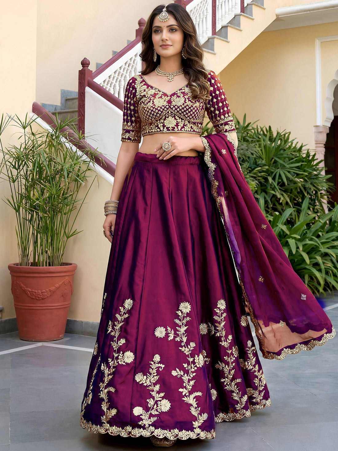 Pretty Wine Thread Embroidery Silk Wedding Wear Lehenga Choli With Dupatta