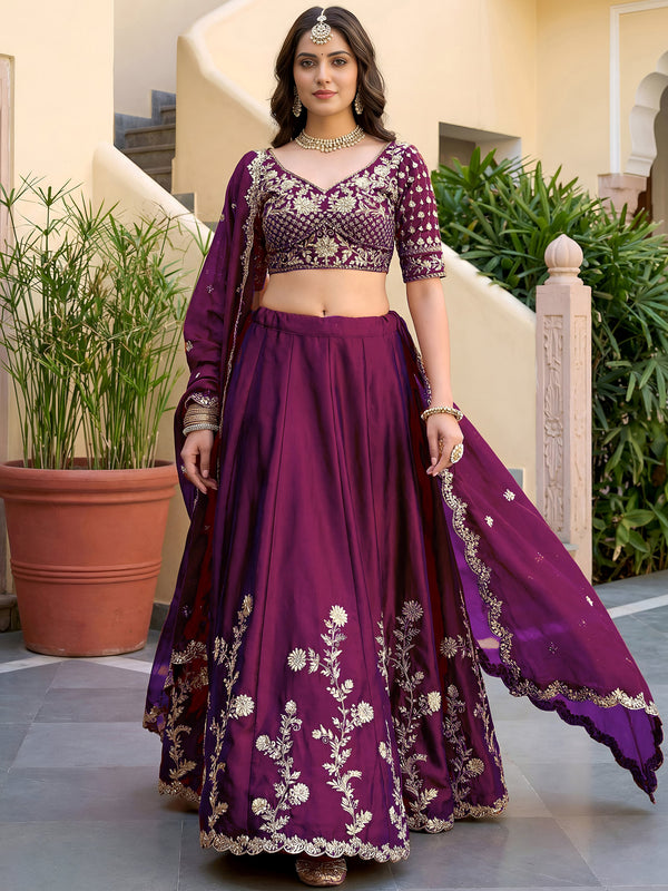 Pretty Wine Thread Embroidery Silk Wedding Wear Lehenga Choli With Dupatta