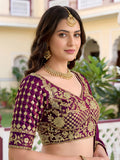 Pretty Wine Thread Embroidery Silk Wedding Wear Lehenga Choli With Dupatta