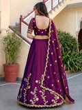 Pretty Wine Thread Embroidery Silk Wedding Wear Lehenga Choli With Dupatta