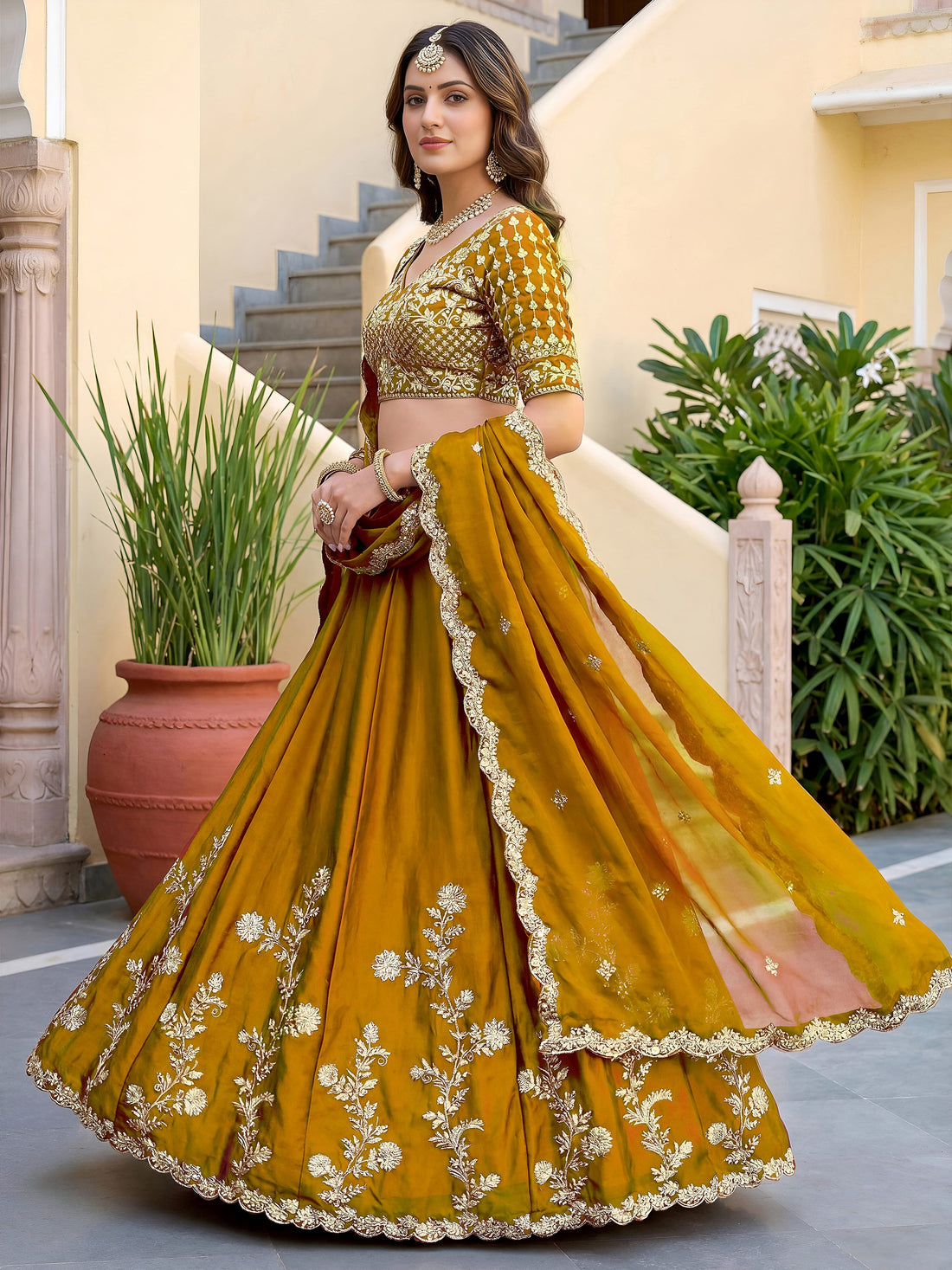 Stunning Yellow Embroidery Silk Wedding Wear Lehenga Choli With Dupatta
