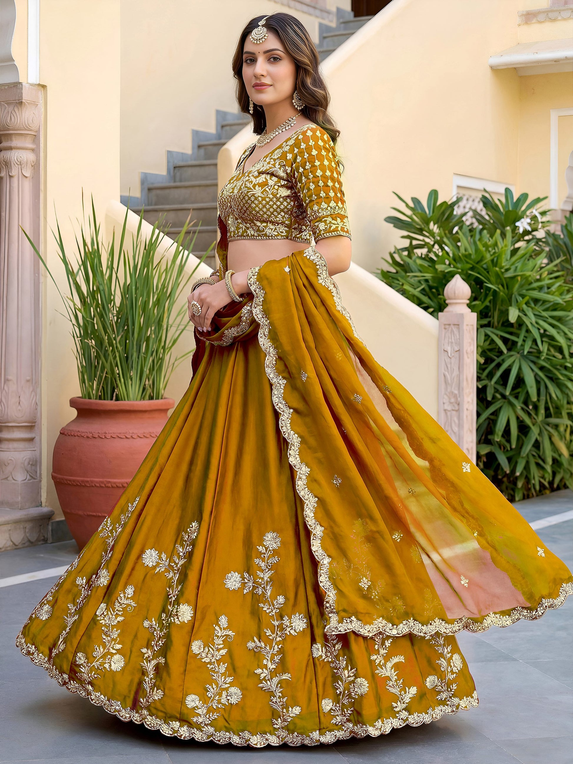 Stunning Yellow Embroidery Silk Wedding Wear Lehenga Choli With Dupatta