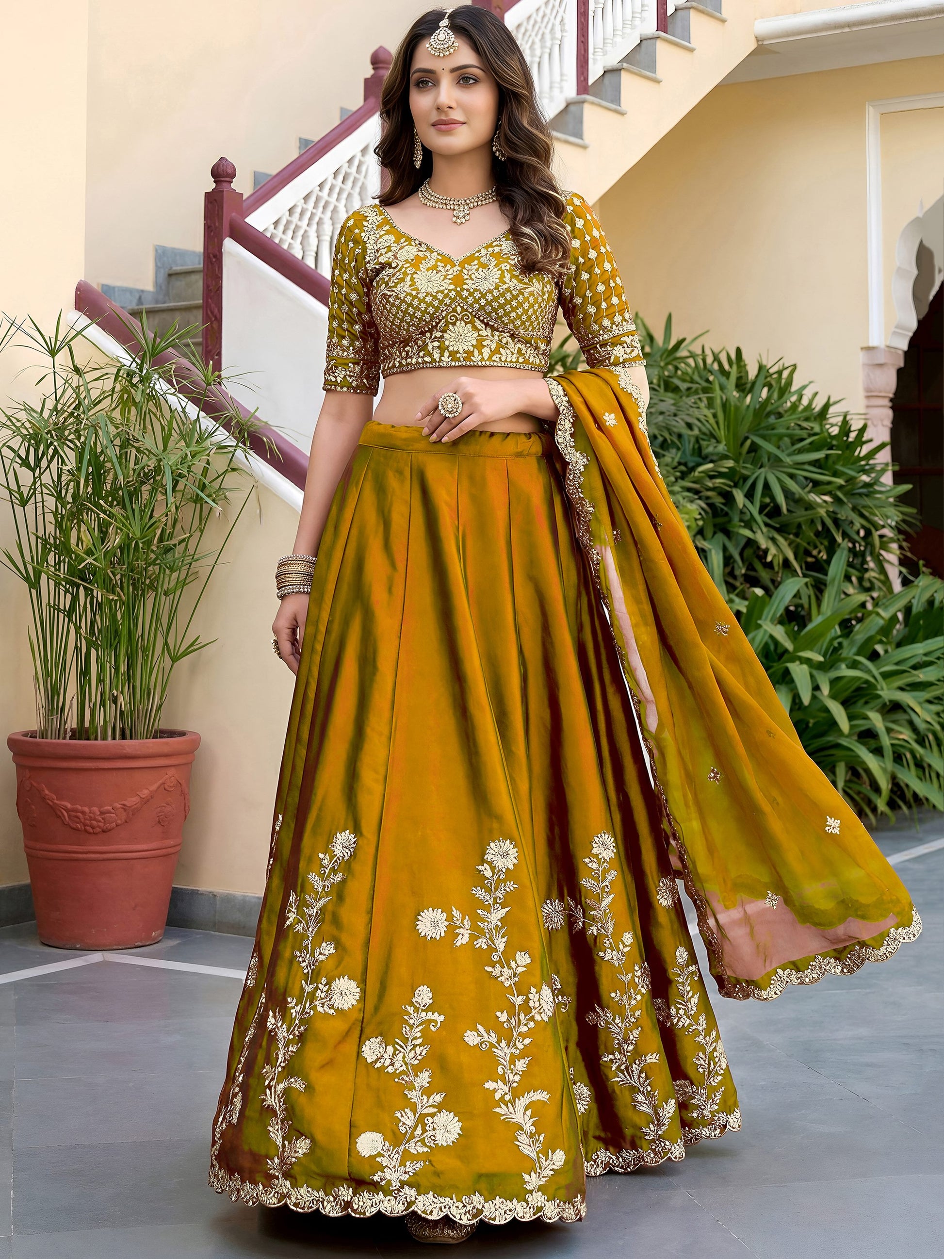 Stunning Yellow Embroidery Silk Wedding Wear Lehenga Choli With Dupatta