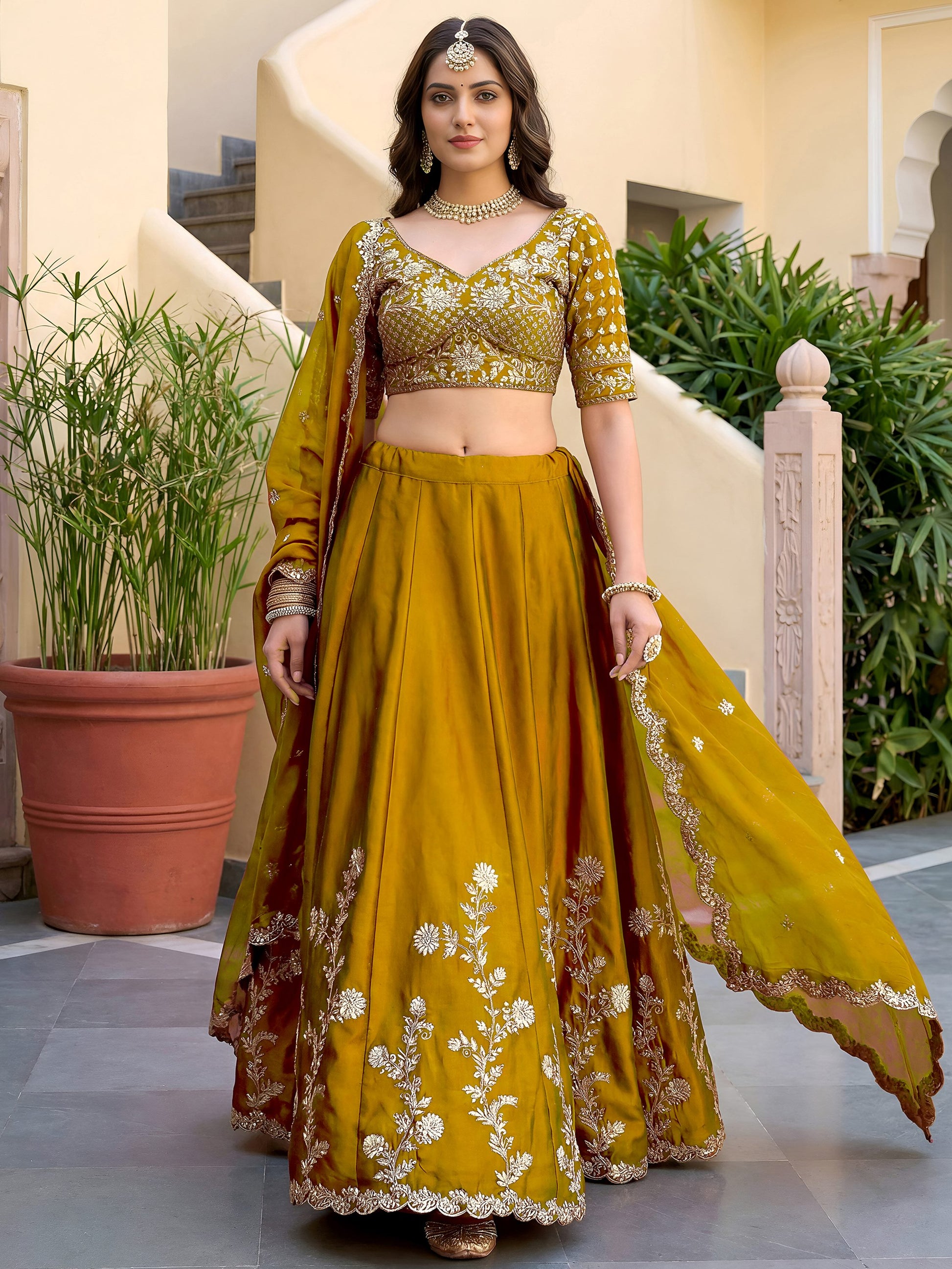 Stunning Yellow Embroidery Silk Wedding Wear Lehenga Choli With Dupatta