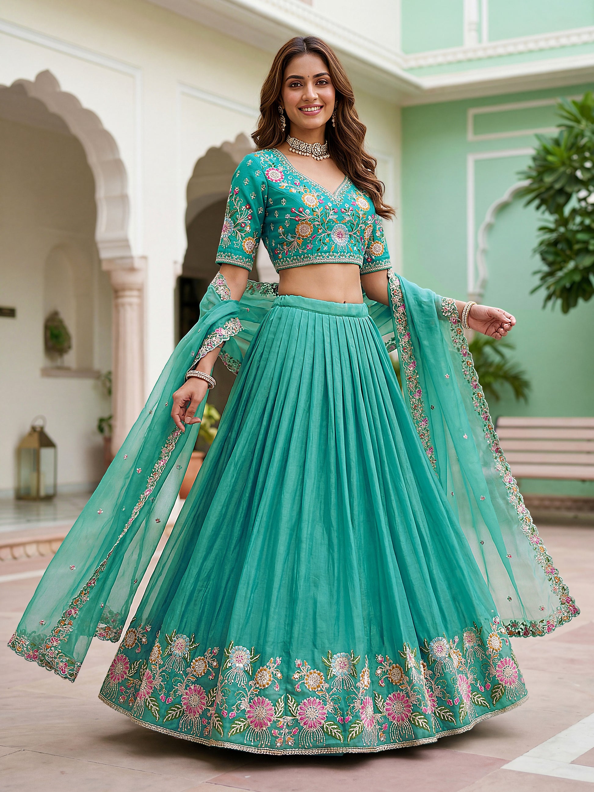 Fashionable Sea Green Floral Embroidered Organza Lehenga Choli