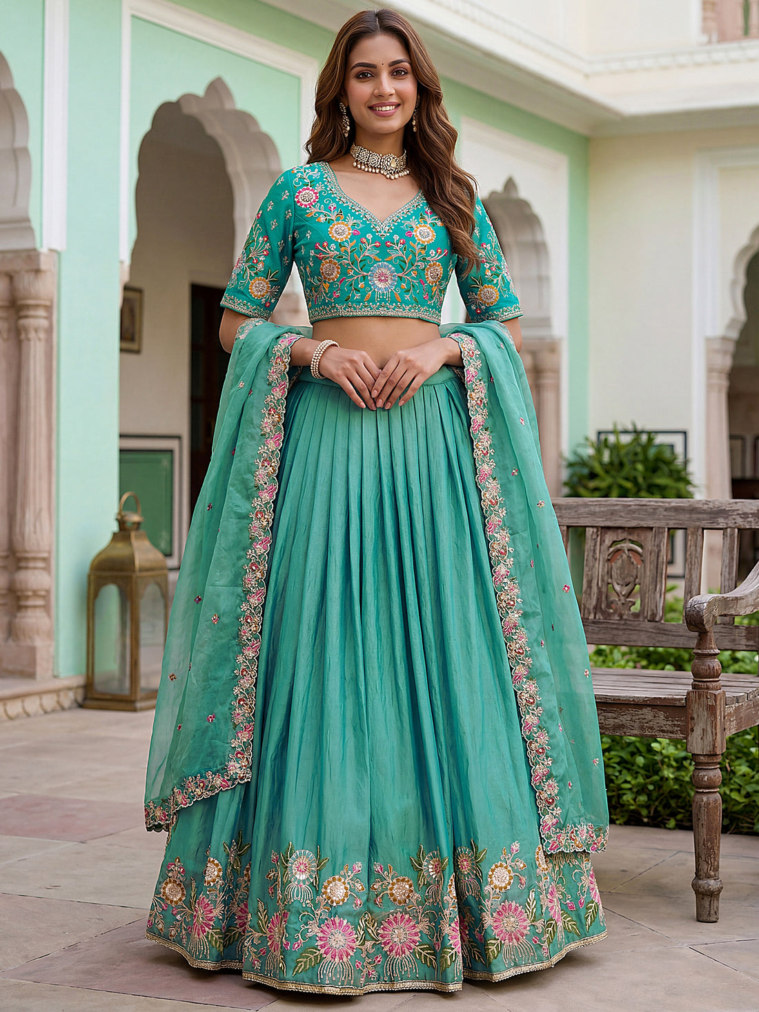 Fashionable Sea Green Floral Embroidered Organza Lehenga Choli