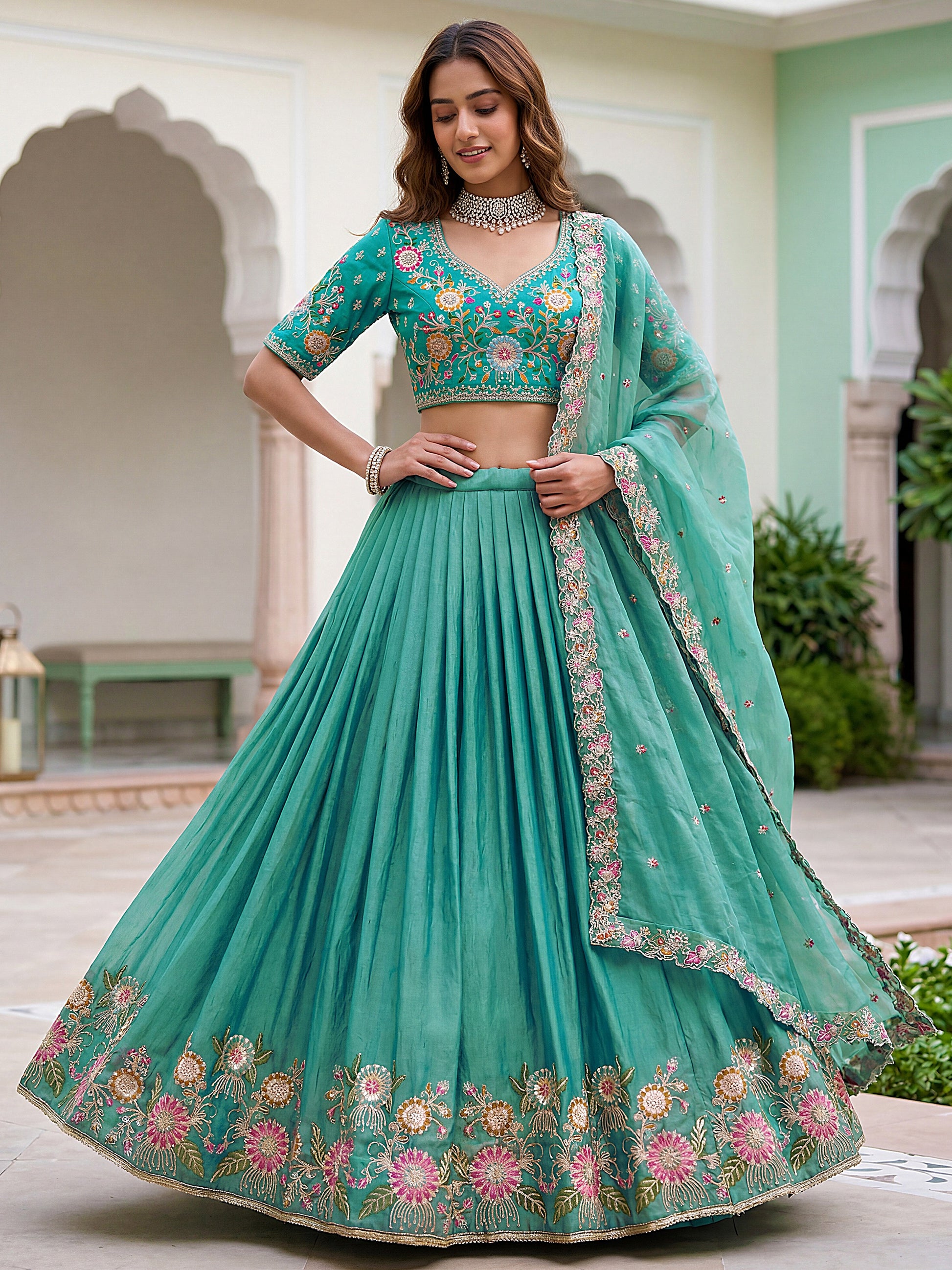 Fashionable Sea Green Floral Embroidered Organza Lehenga Choli