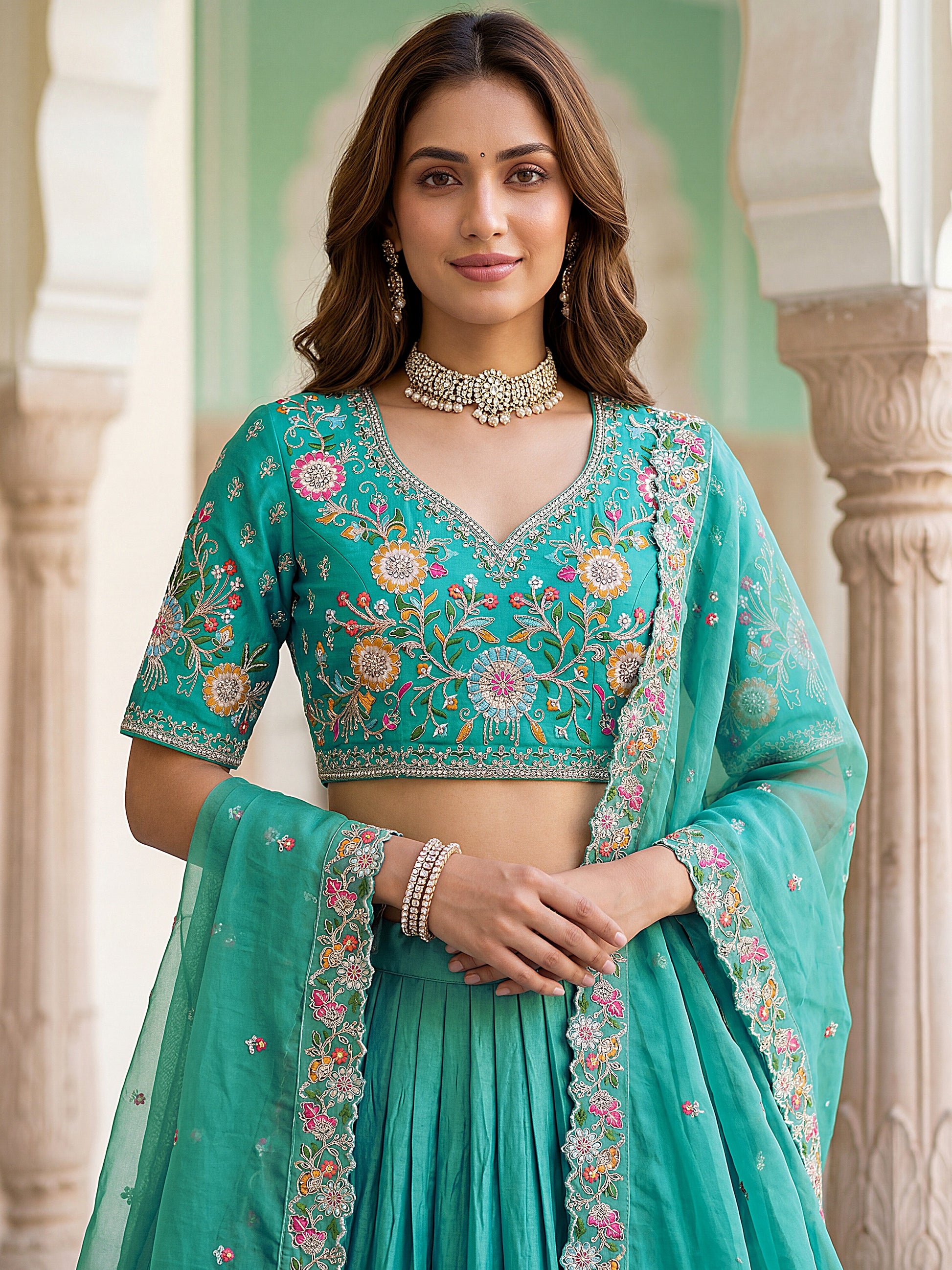 Fashionable Sea Green Floral Embroidered Organza Lehenga Choli