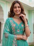Fashionable Sea Green Floral Embroidered Organza Lehenga Choli