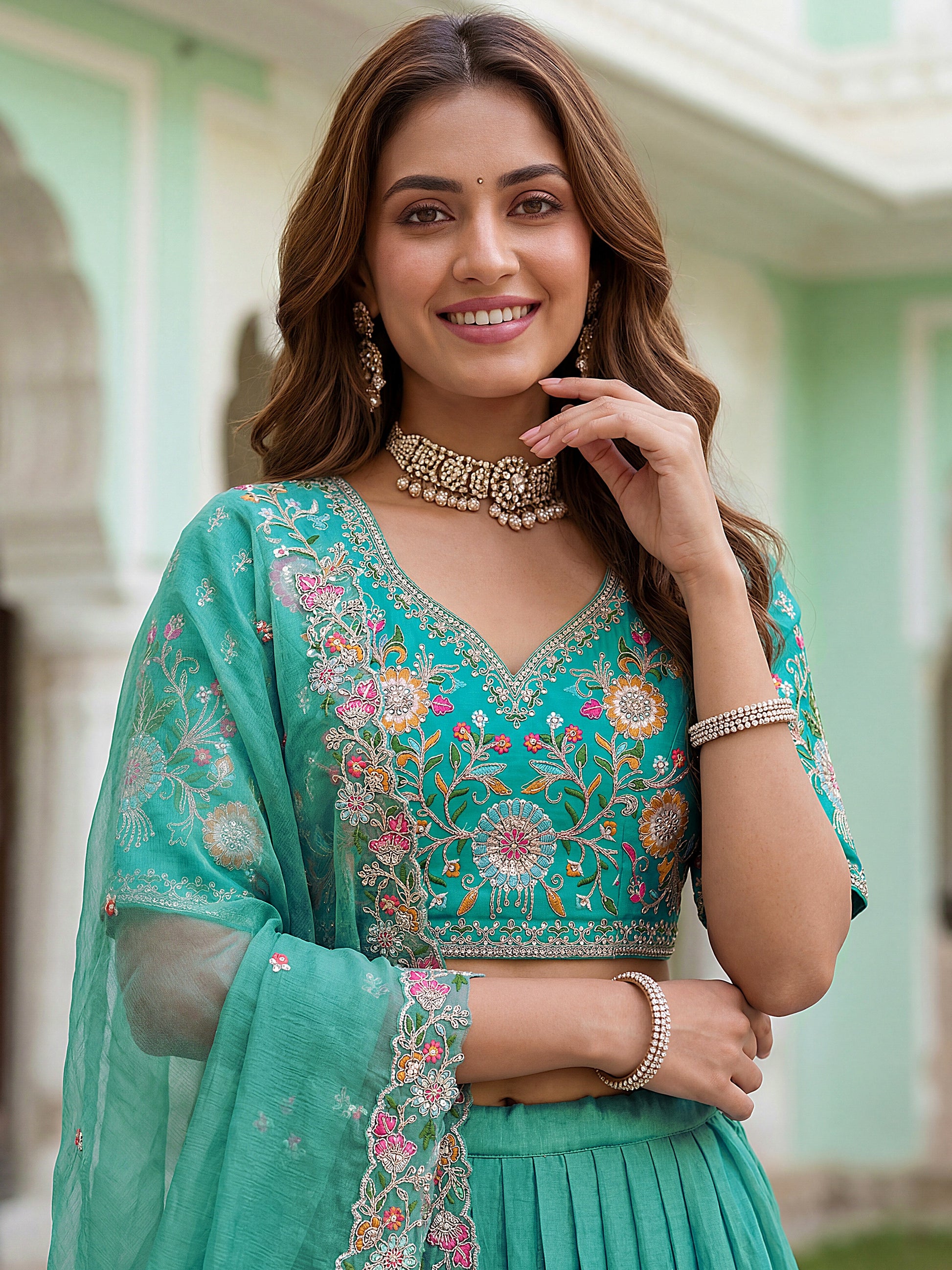 Fashionable Sea Green Floral Embroidered Organza Lehenga Choli