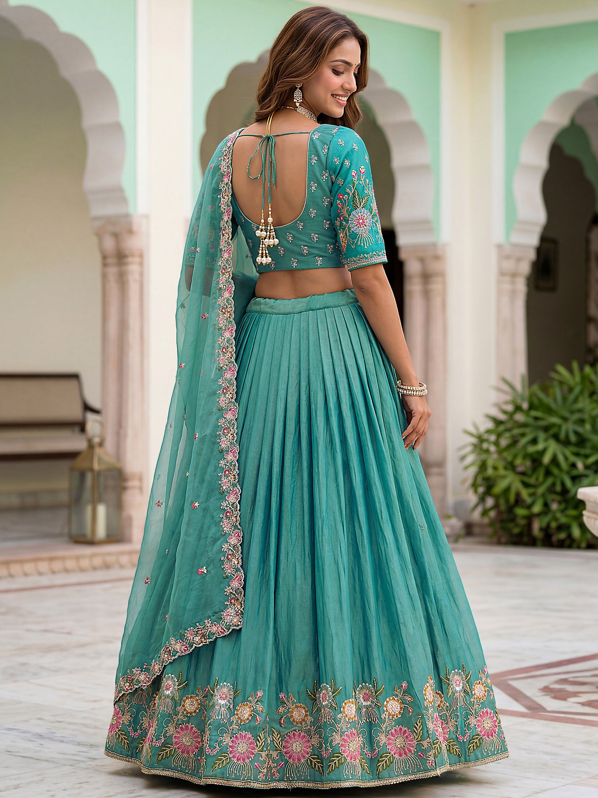 Fashionable Sea Green Floral Embroidered Organza Lehenga Choli