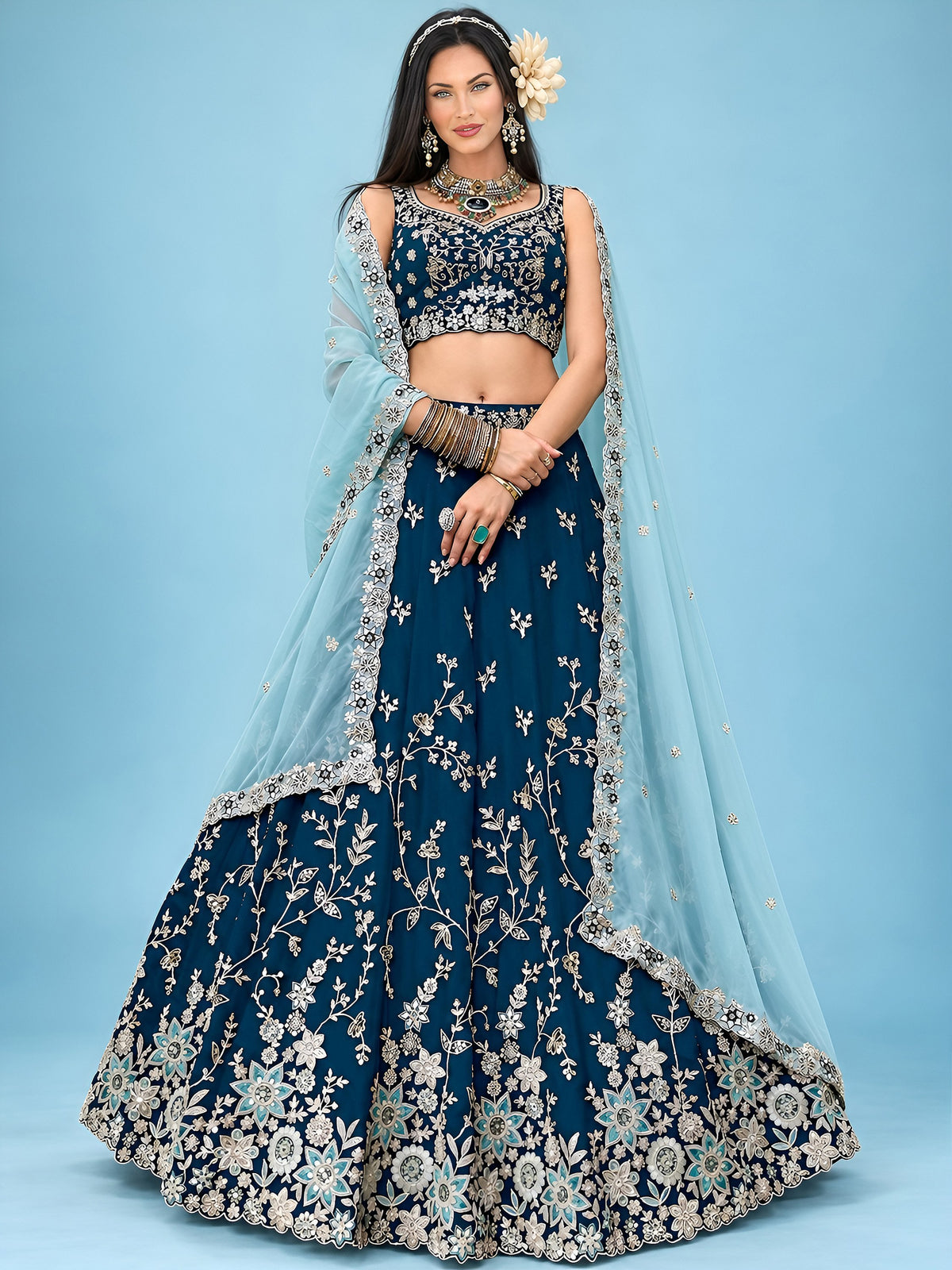 Captivating Blue Dori Work Silk Wedding Wear Lehenga Choli
