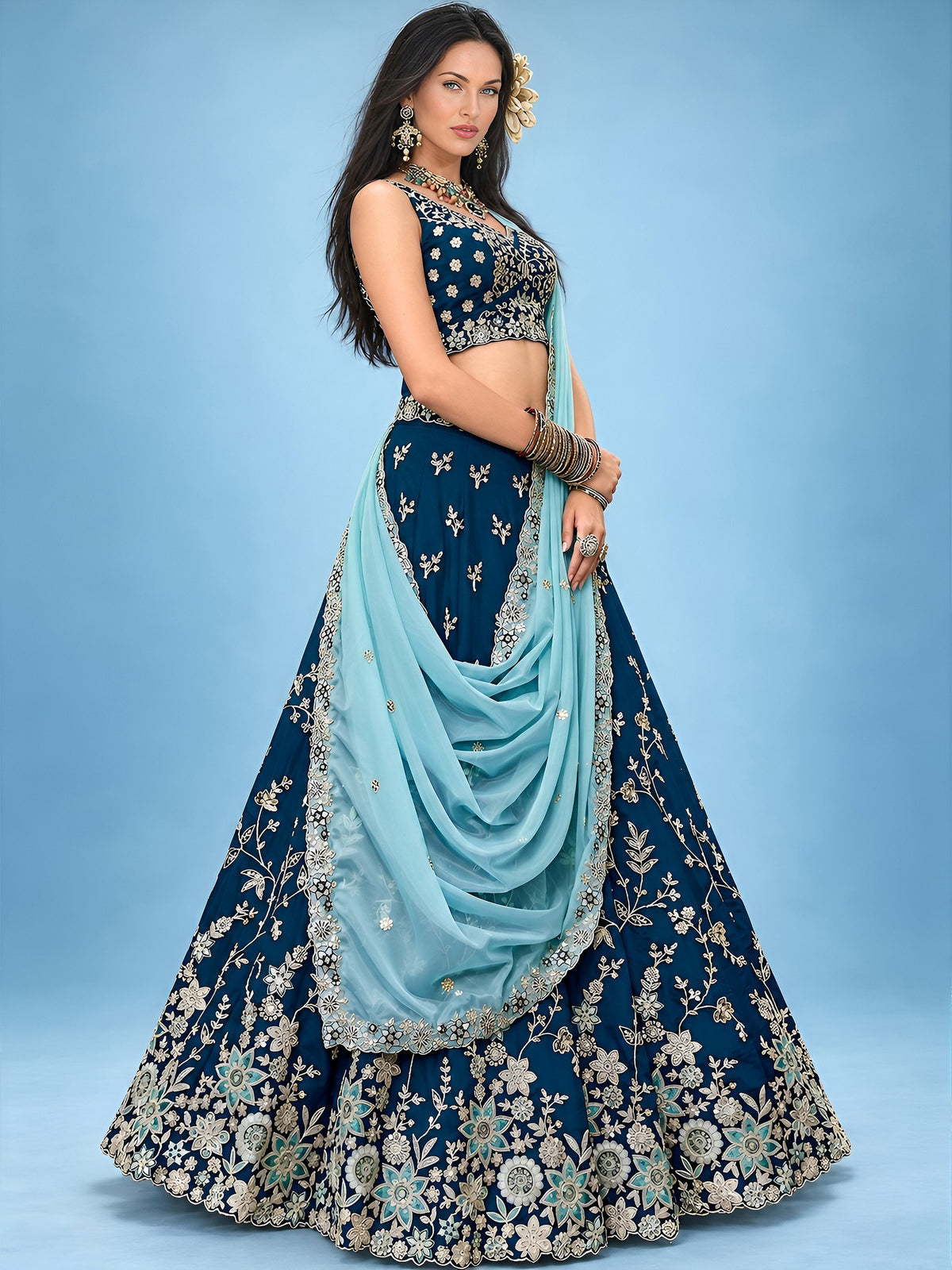 Captivating Blue Dori Work Silk Wedding Wear Lehenga Choli