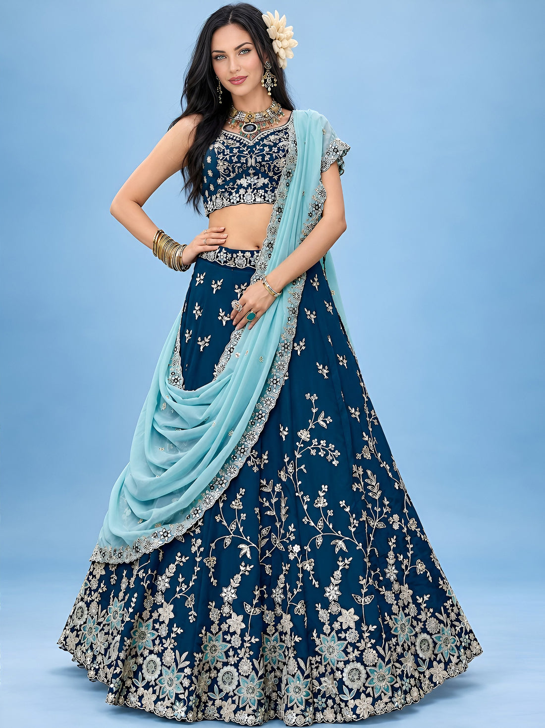 Captivating Blue Dori Work Silk Wedding Wear Lehenga Choli