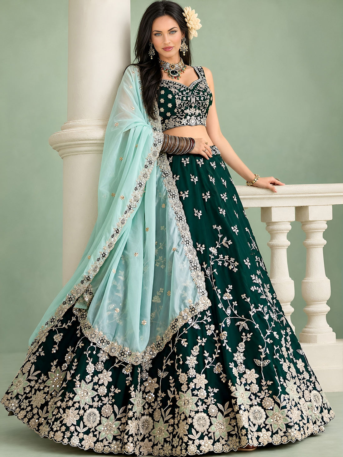 Charming Green Thread Work Silk Mehndi Wear Lehenga Choli