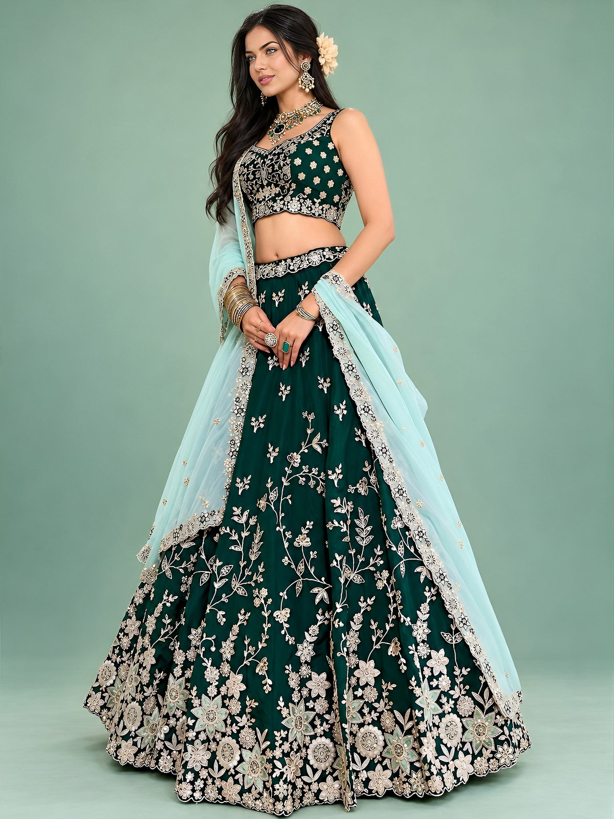 Charming Green Thread Work Silk Mehndi Wear Lehenga Choli