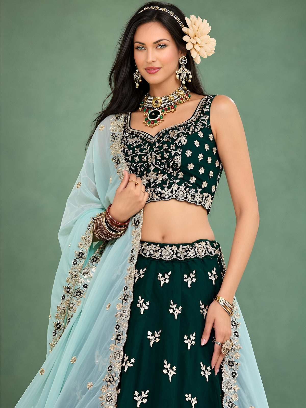 Charming Green Thread Work Silk Mehndi Wear Lehenga Choli