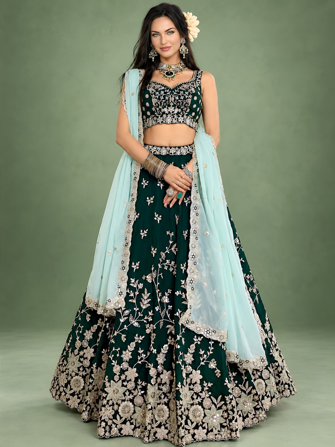 Charming Green Thread Work Silk Mehndi Wear Lehenga Choli