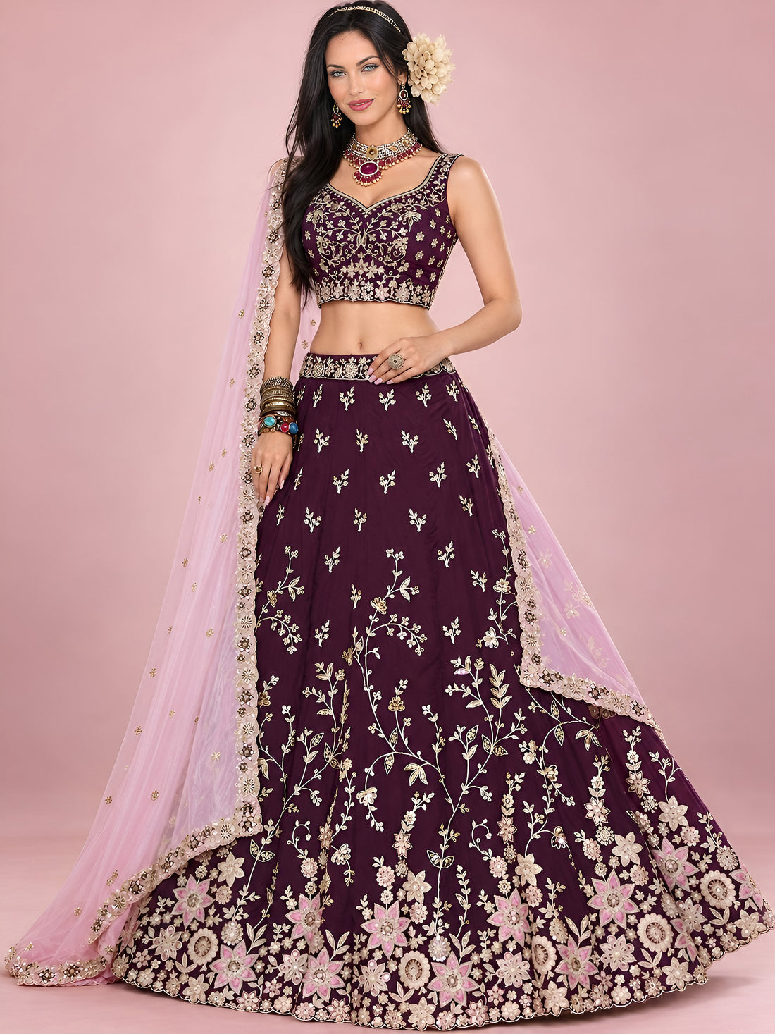 Dazzling Maroon Sequins Work Silk Wedding Wear Lehenga Choli