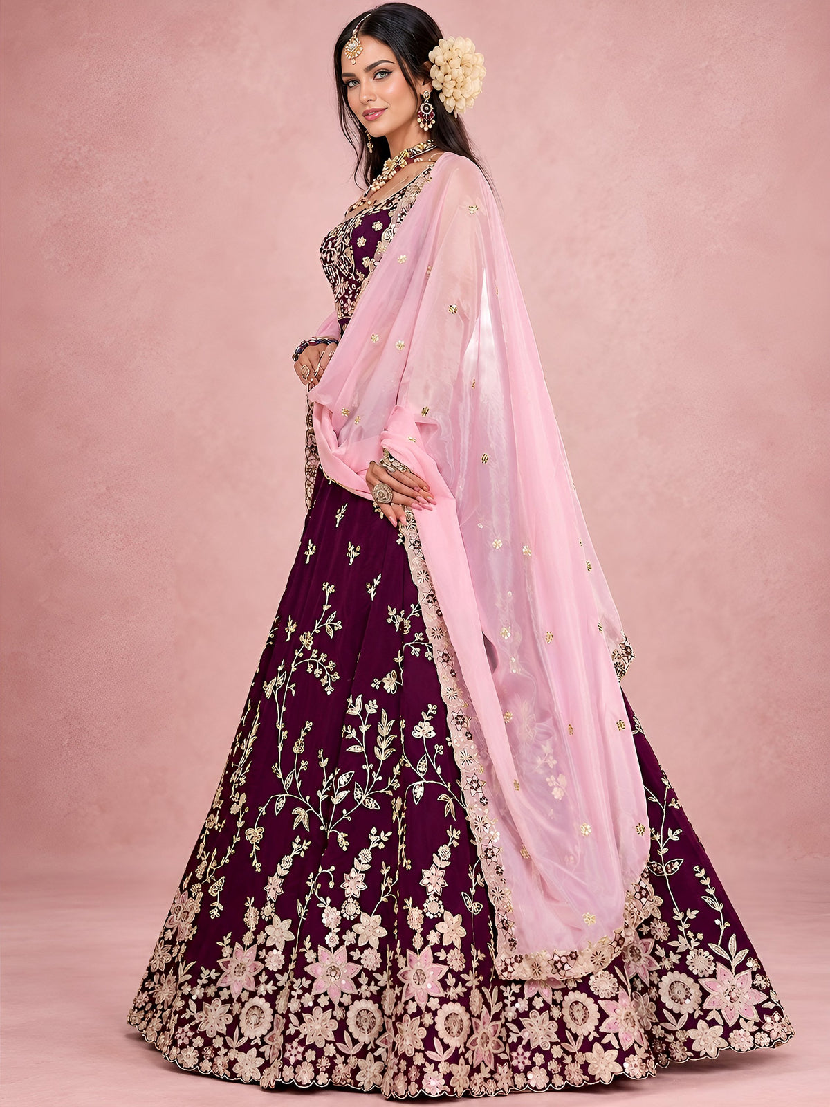 Dazzling Maroon Sequins Work Silk Wedding Wear Lehenga Choli