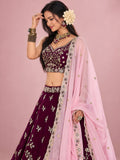Dazzling Maroon Sequins Work Silk Wedding Wear Lehenga Choli
