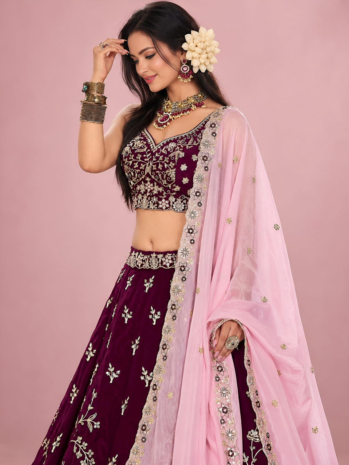 Dazzling Maroon Sequins Work Silk Wedding Wear Lehenga Choli