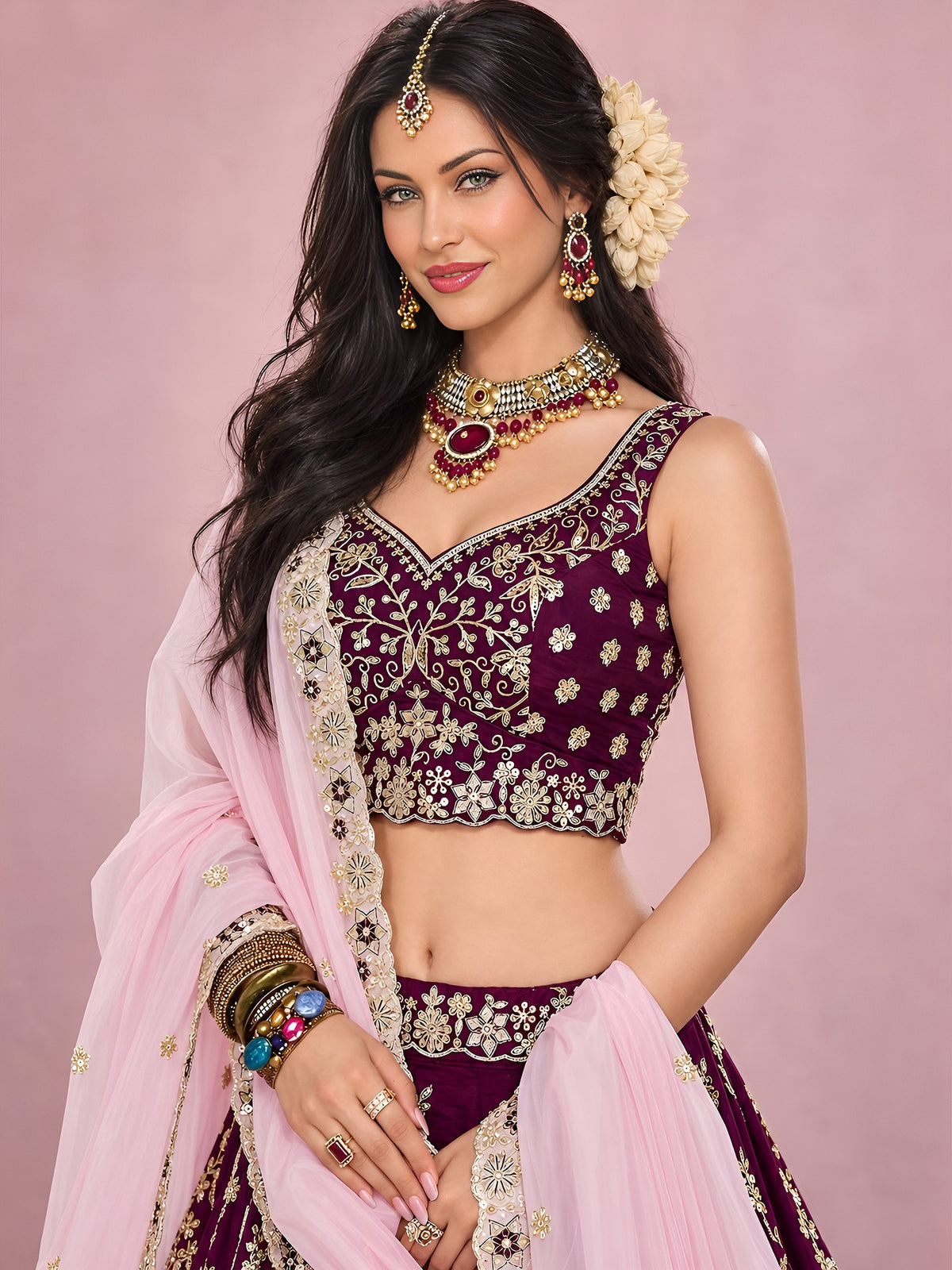 Dazzling Maroon Sequins Work Silk Wedding Wear Lehenga Choli