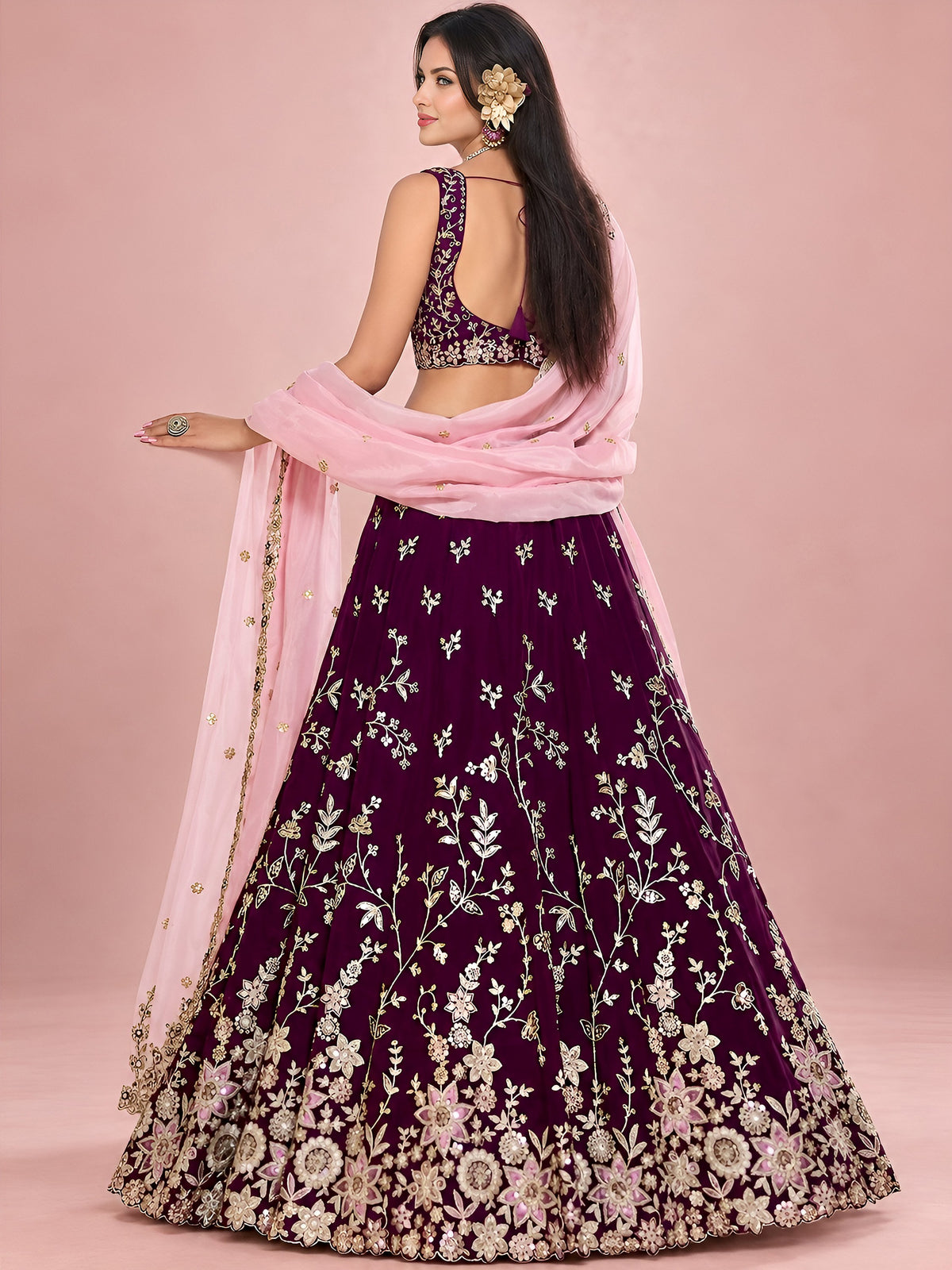 Dazzling Maroon Sequins Work Silk Wedding Wear Lehenga Choli